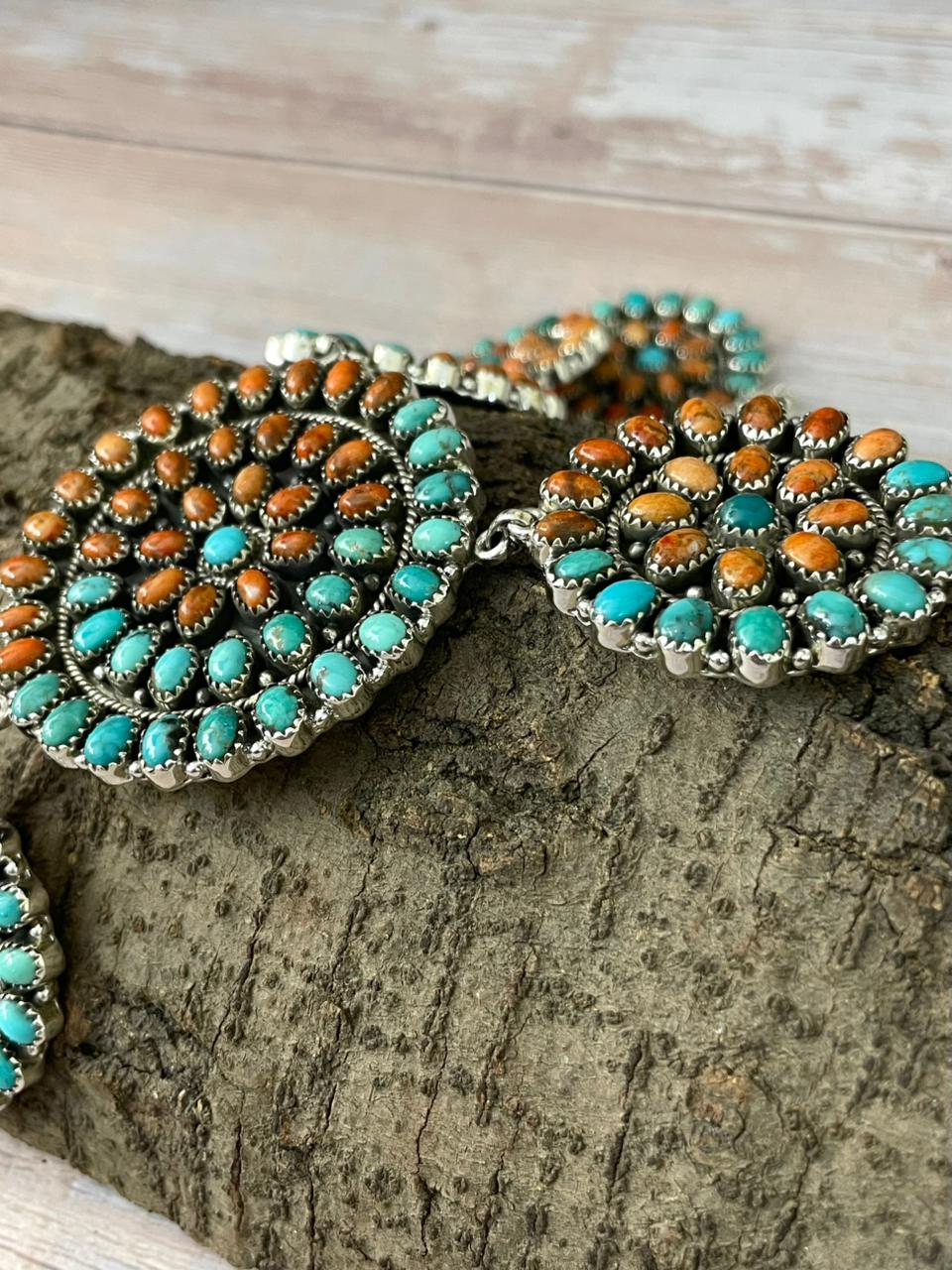 Handmade Sterling Silver Orange Mojave with Kingman Turquoise Necklace "Signed Nizhoni"