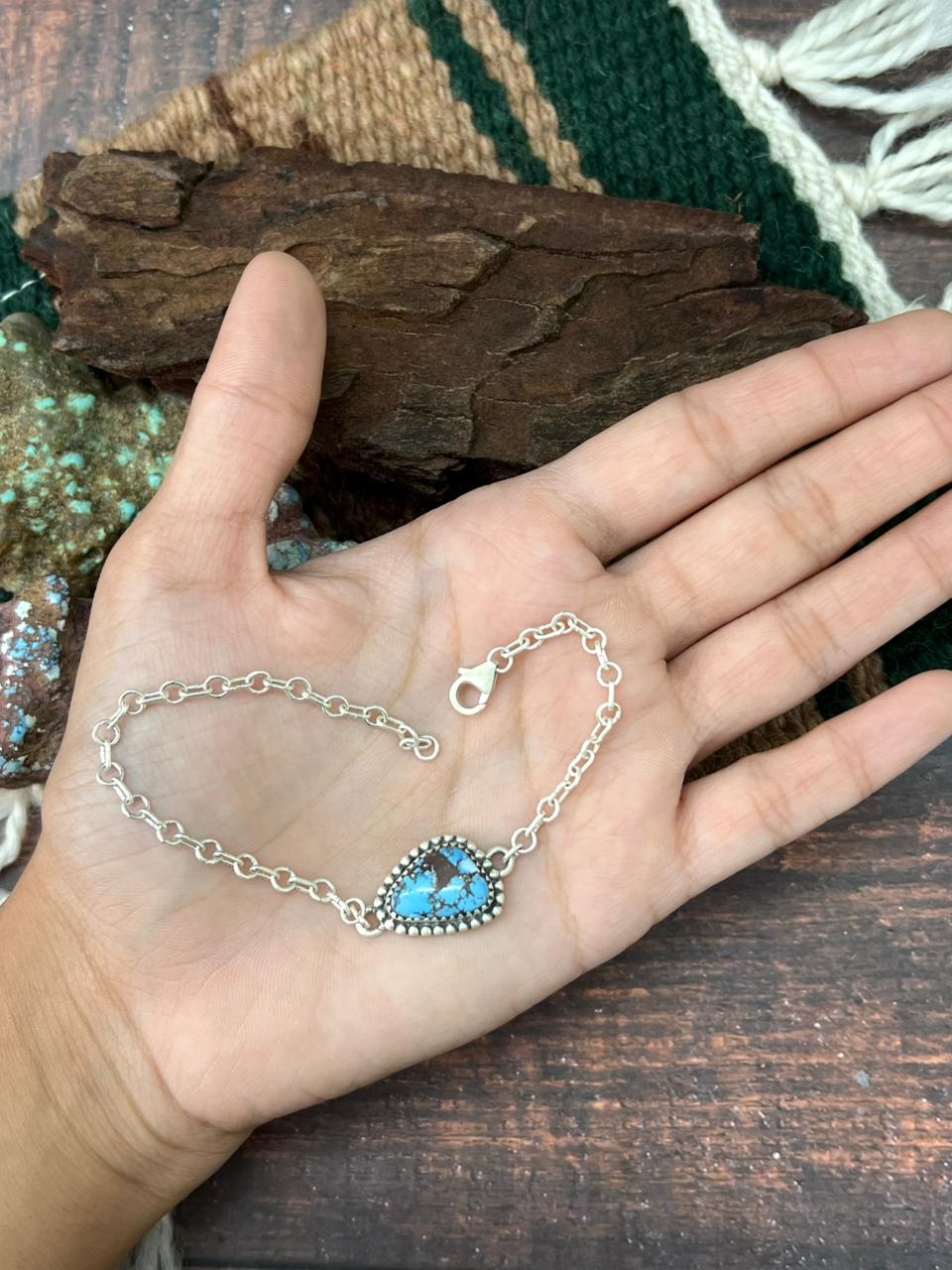 Handmade Sterling Silver Golden Hills Turquoise Chain Bracelet "Signed Nizhoni"