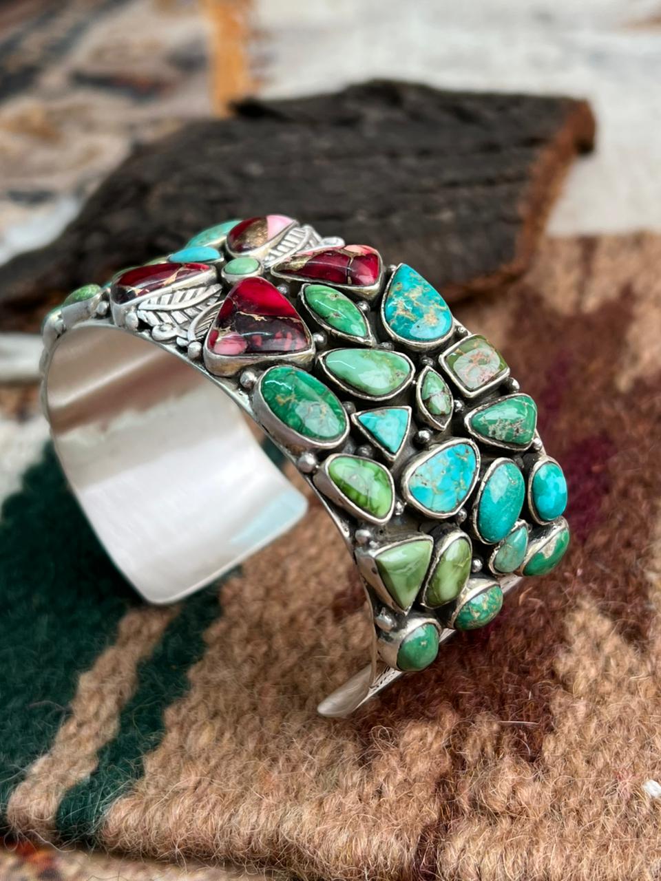 Handmade Sterling Silver Dahlia Rose with Emerald Valley Turquoise Cuff Bracelet "Signed Nizhoni"