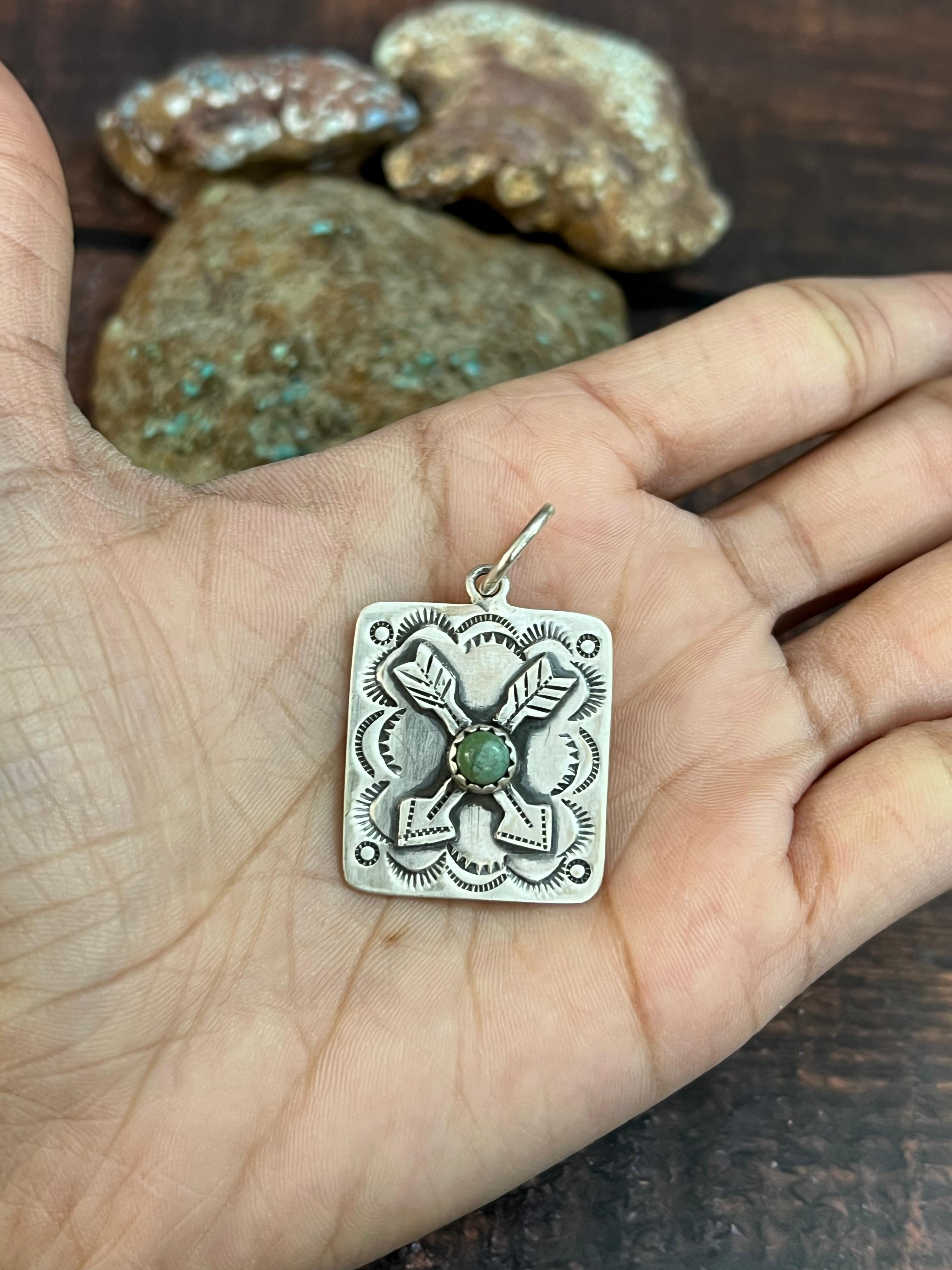 Handmade Sterling Silver Kingman Turquoise Pendant with Signed Nizhoni