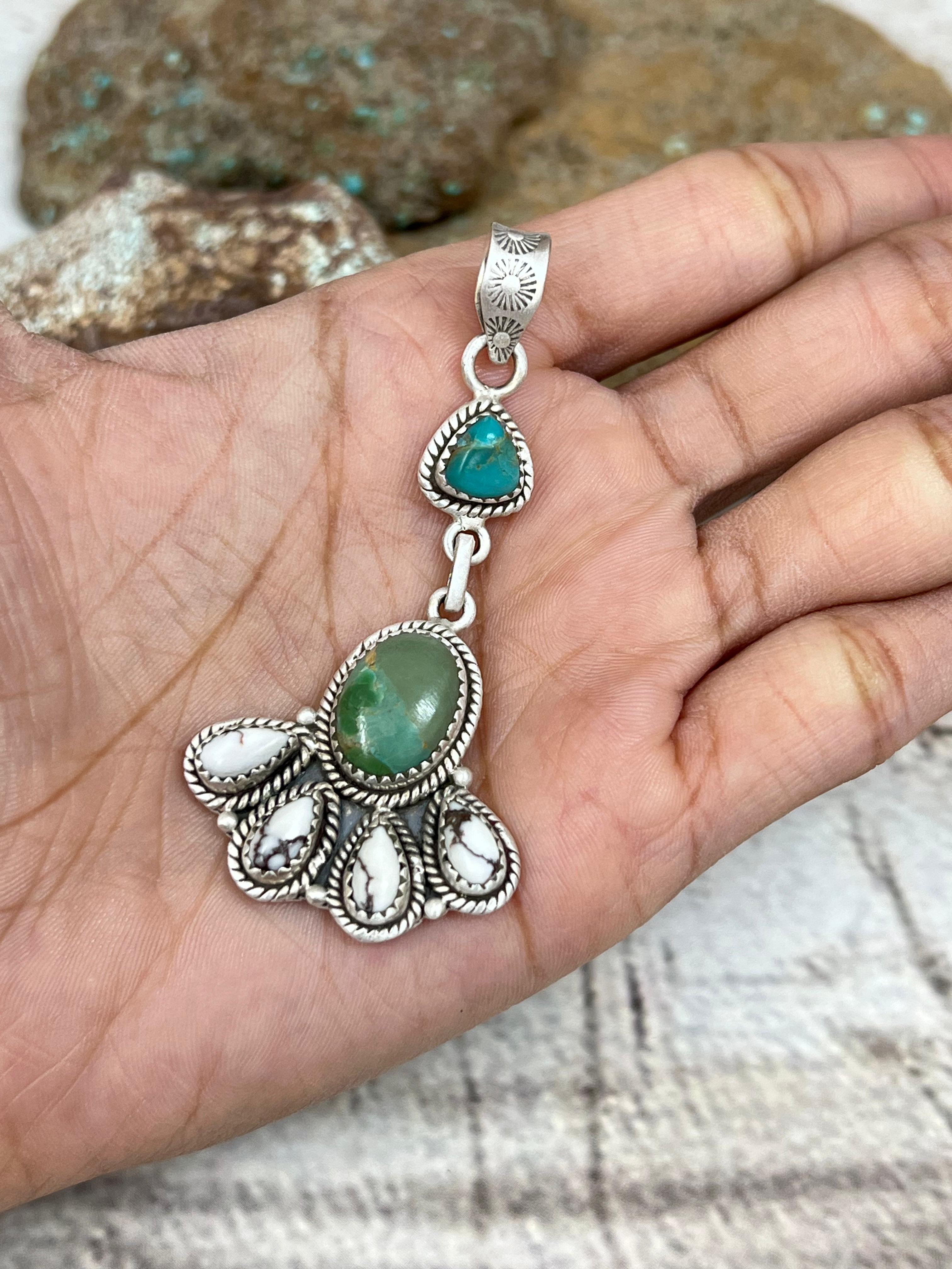 Handmade Sterling Silver Kingman Turquoise with Wild Horse Magnesite Pendant Signed Nizhoni