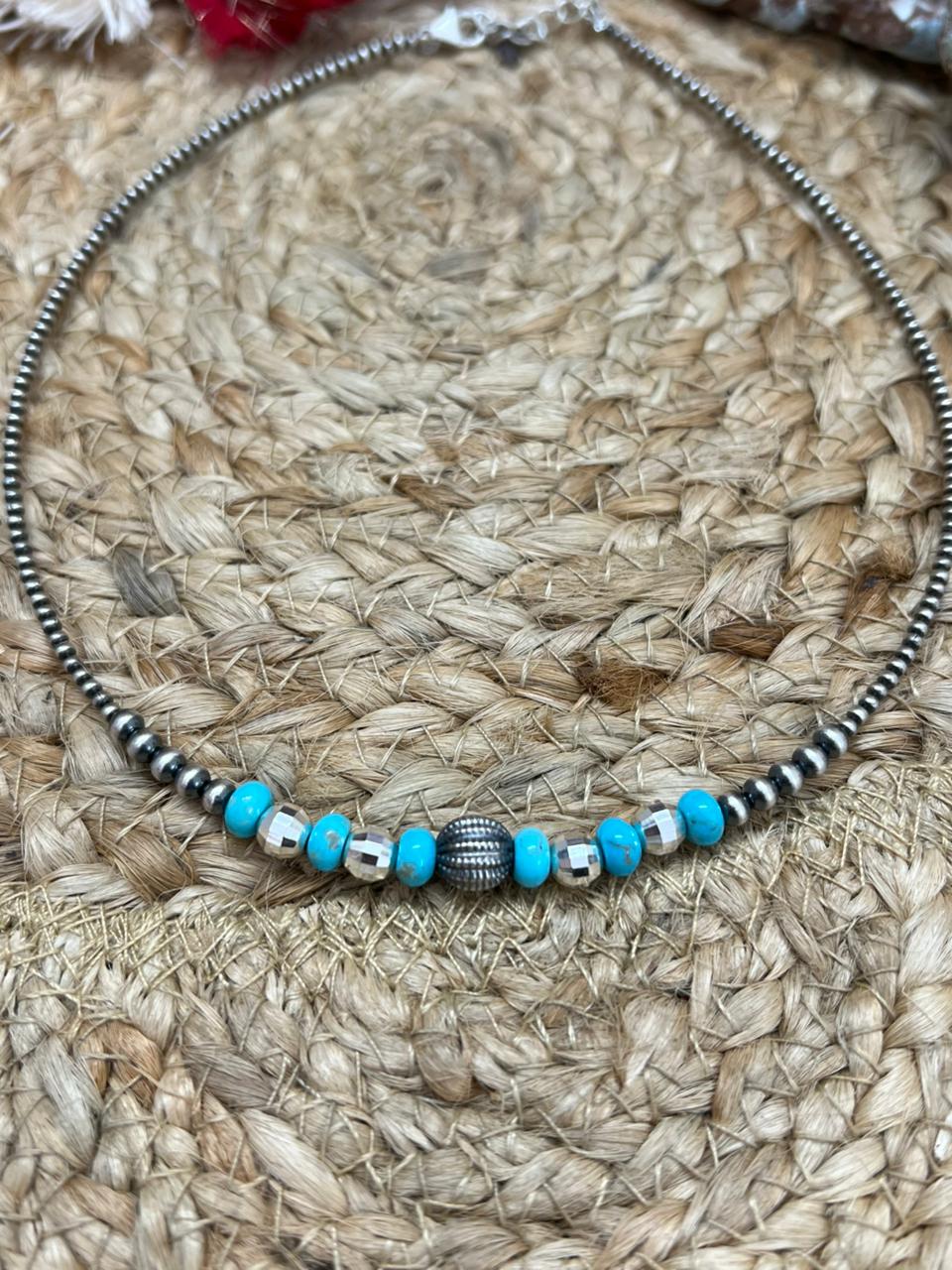Handmade Sterling Silver Beaded Kingman Turquoise Necklace "Signed Nizhoni"
