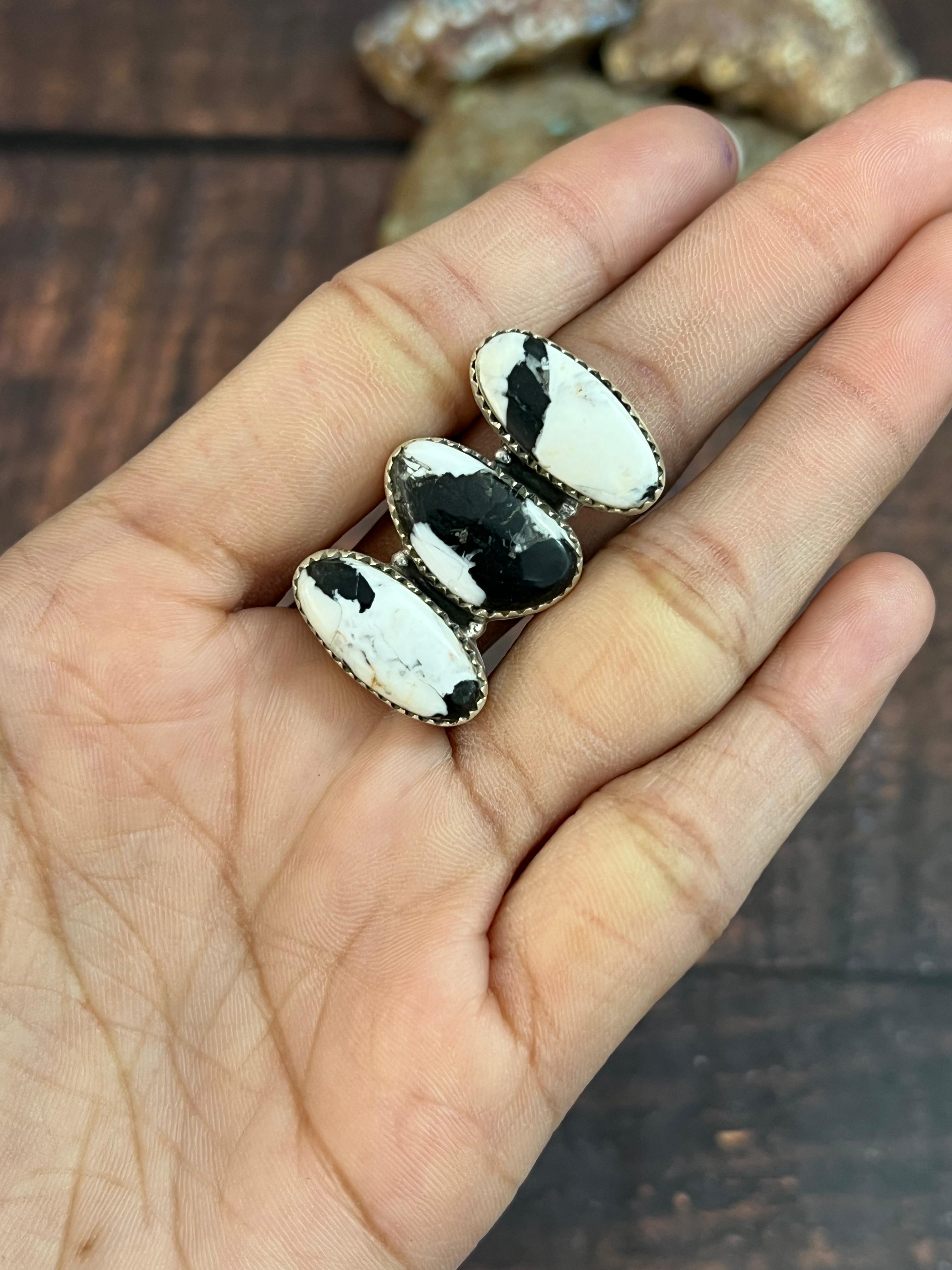 Handmade Sterling Silver White Buffalo Adjustable Ring, Signed Nizhoni