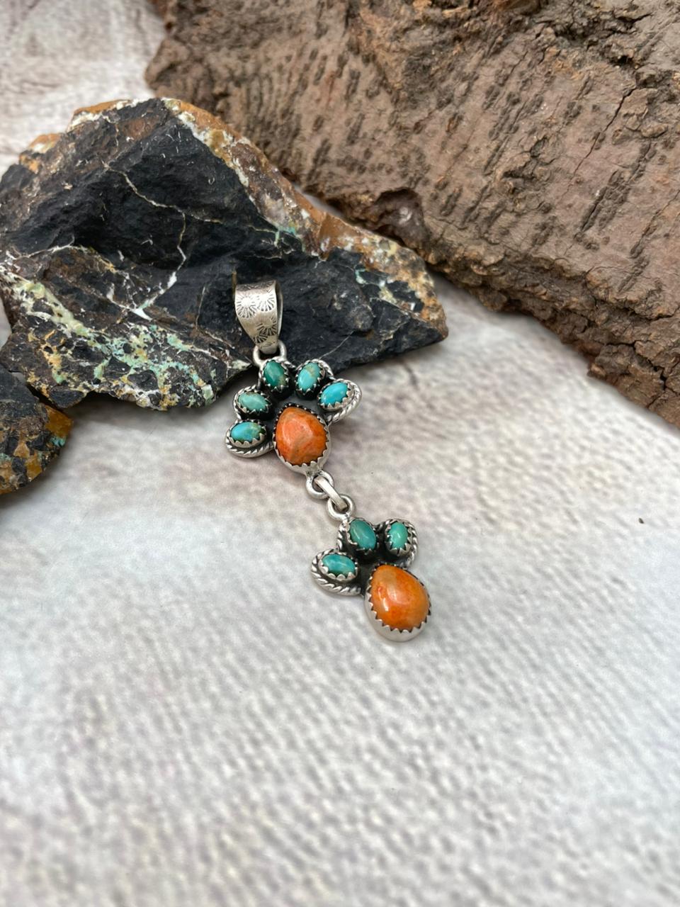 Handmade Sterling Silver Kingman with Orange Mojave Pendant "Signed Nizhoni"