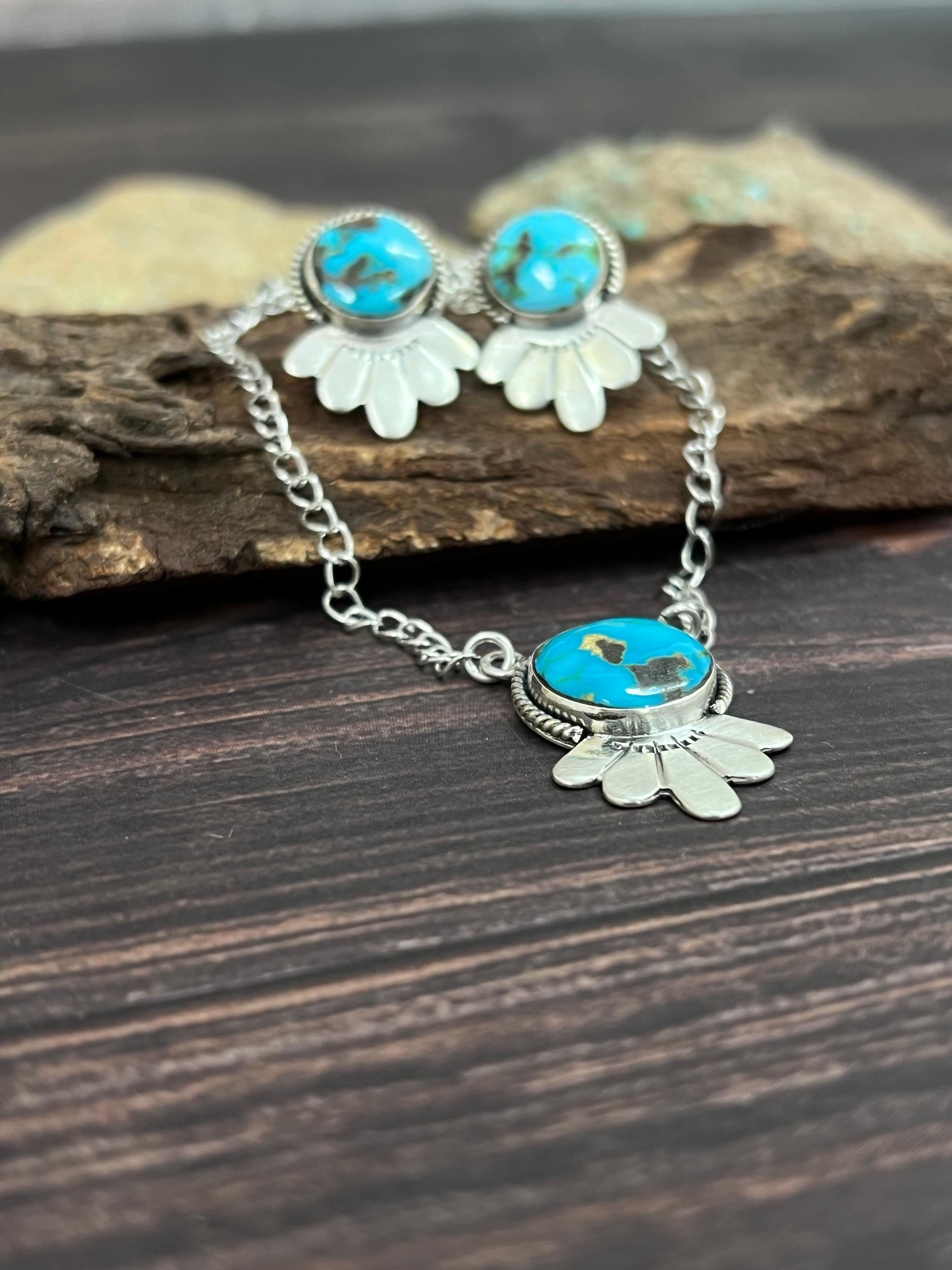 Handmade Sterling Silver South Hill Turquoise Necklace Earrings Set with Signed Nizhoni