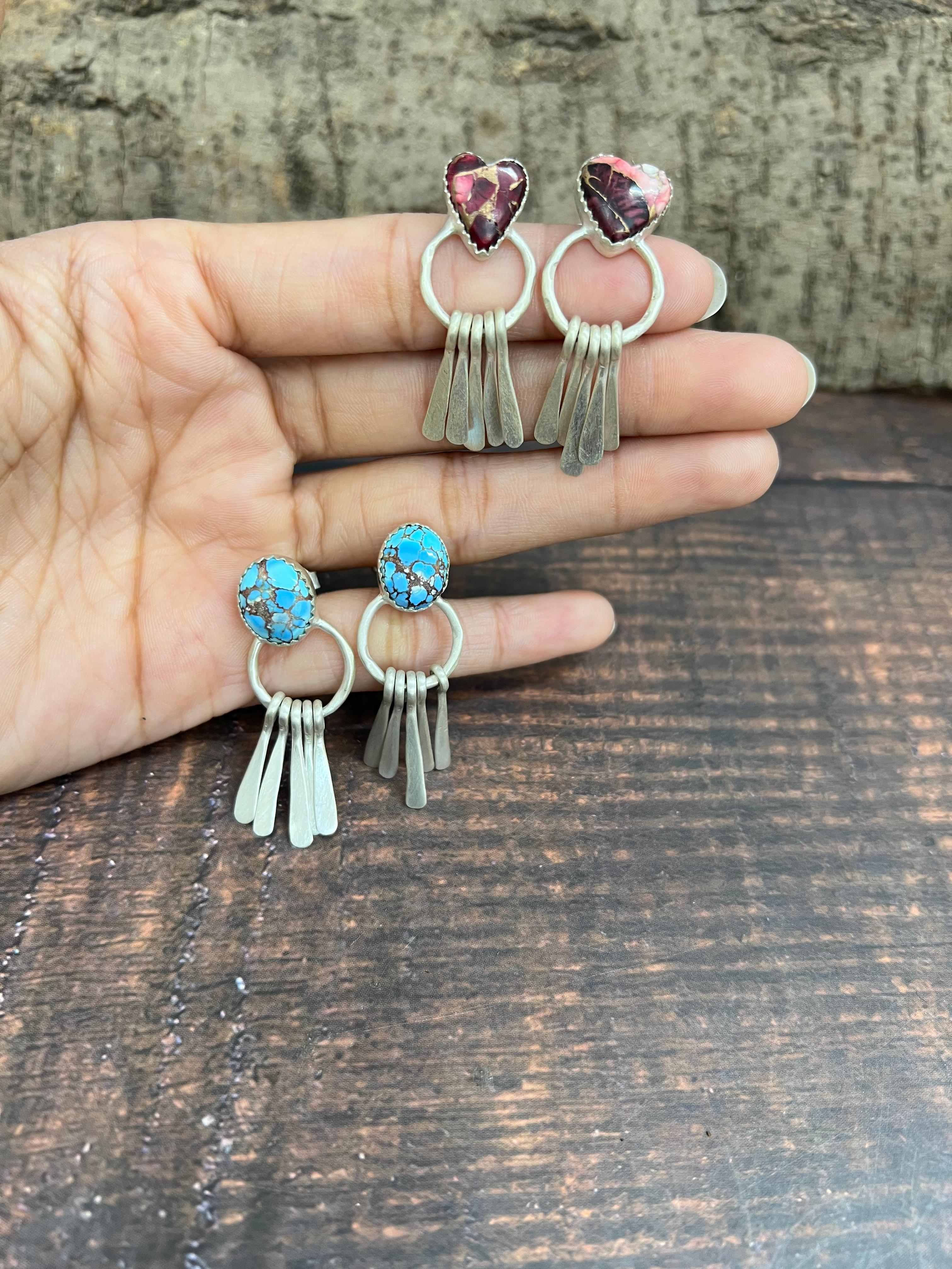 Handmade Sterling Silver Golden Hills, Palomino, Kingman Turquoise, Dahlia Rose Dangle Earrings with Signed Nizhoni