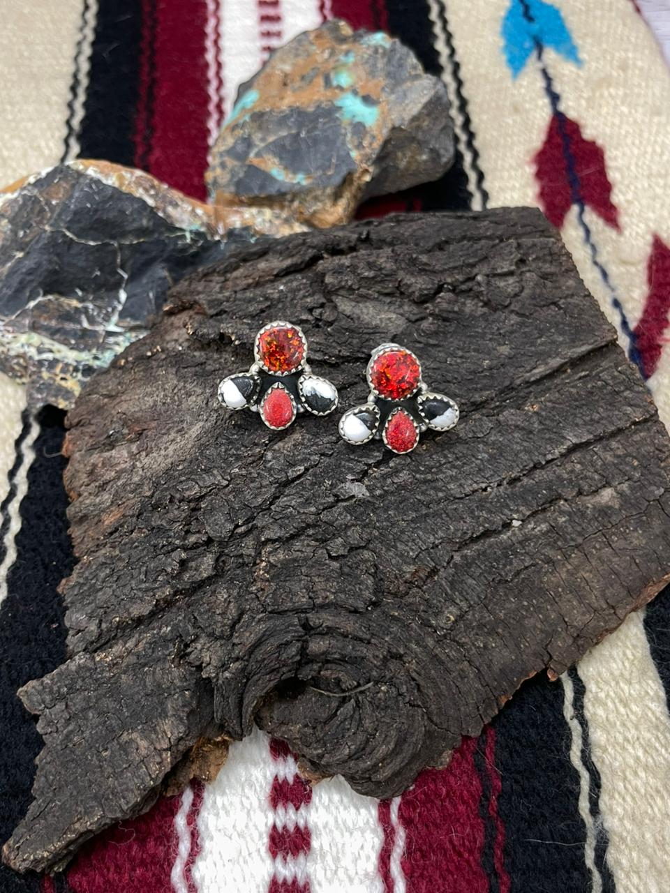 "Christmas Collection" Handmade Sterling Silver White Buffalo with Red Opal Studs Earrings "Signed Nizhoni"