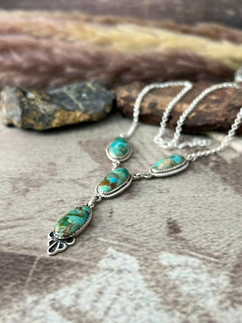 Handmade Sterling Silver Kingman Turquoise Drop Necklace "Signed Nizhoni"