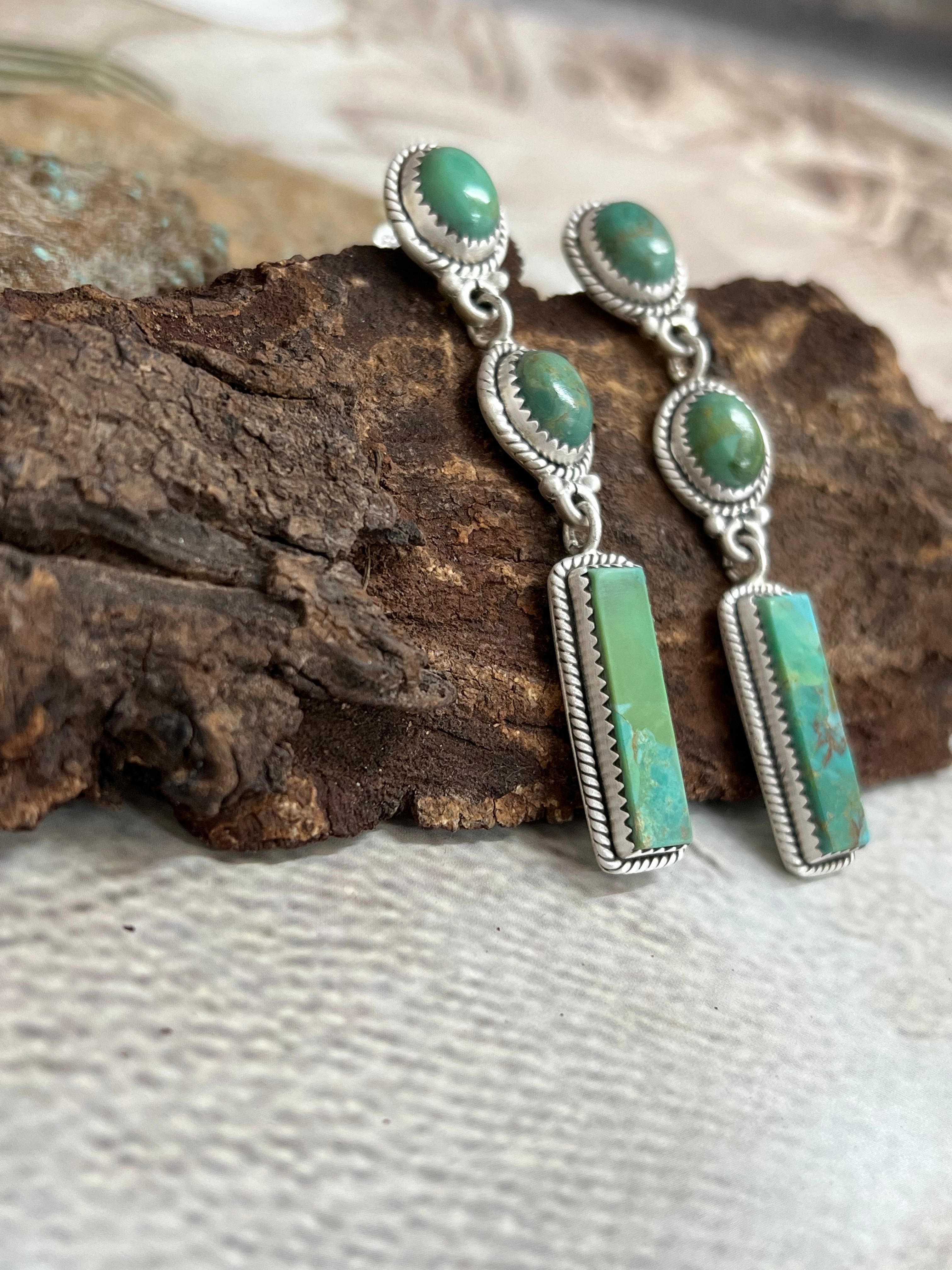 Handmade Sterling Silver Kingman Turquoise Post Dangle Earrings with Signed Nizhoni