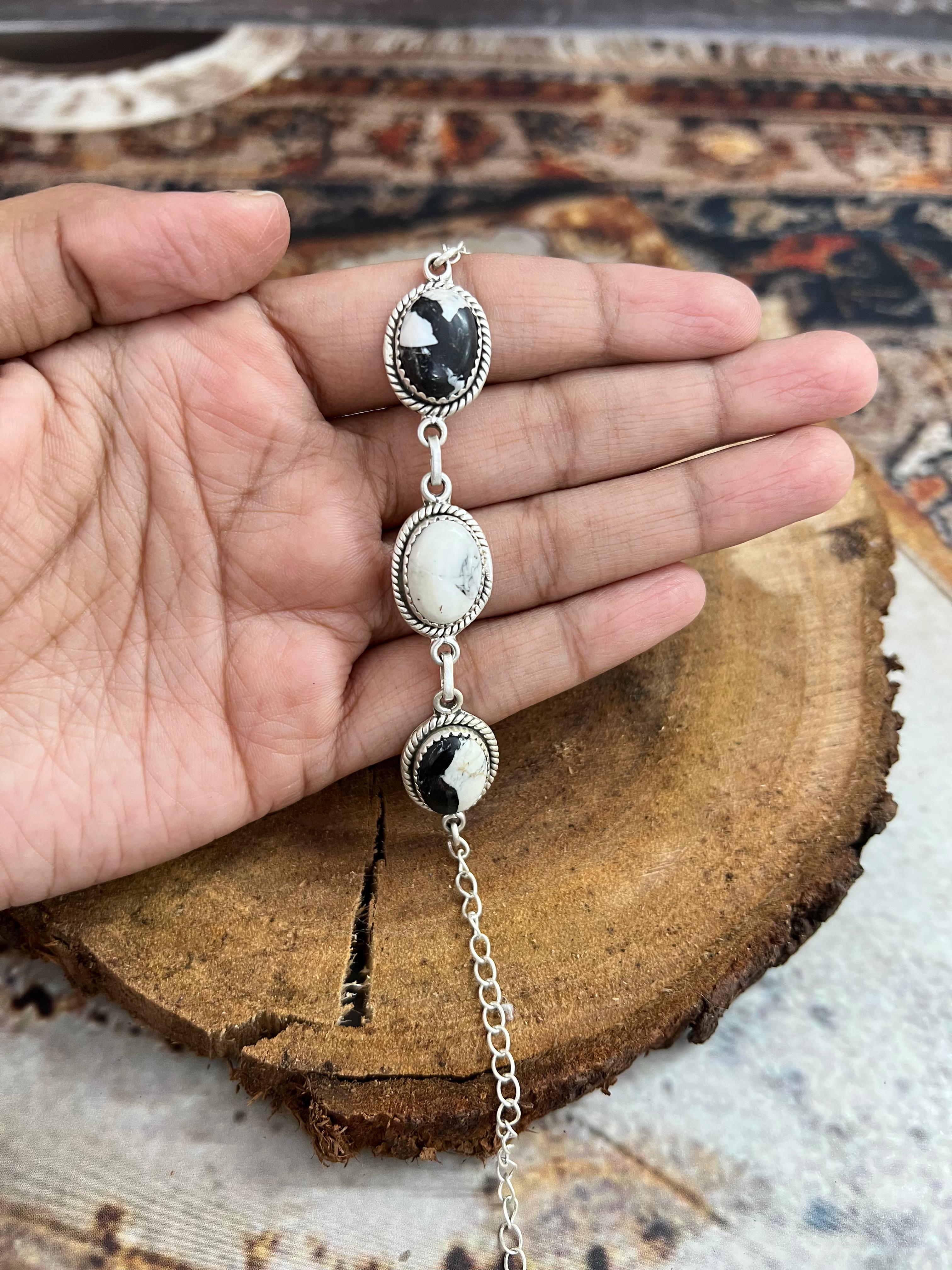 Handmade Sterling Silver White Buffalo Chain Bracelet with Signed Nizhoni