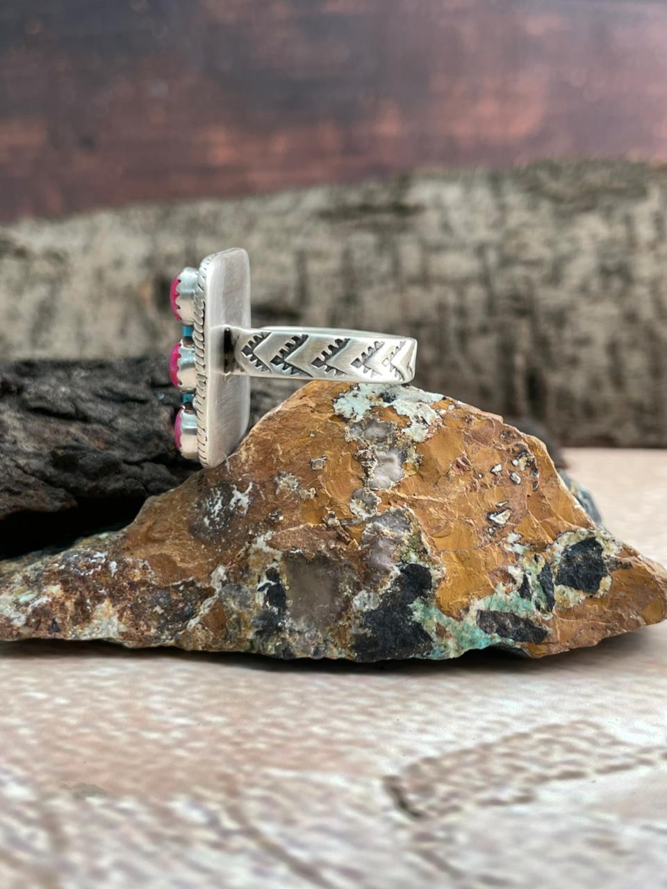 Handmade Sterling Silver Hot Pink with Arizona Turquoise Adjustable Ring "Signed Nizhoni"