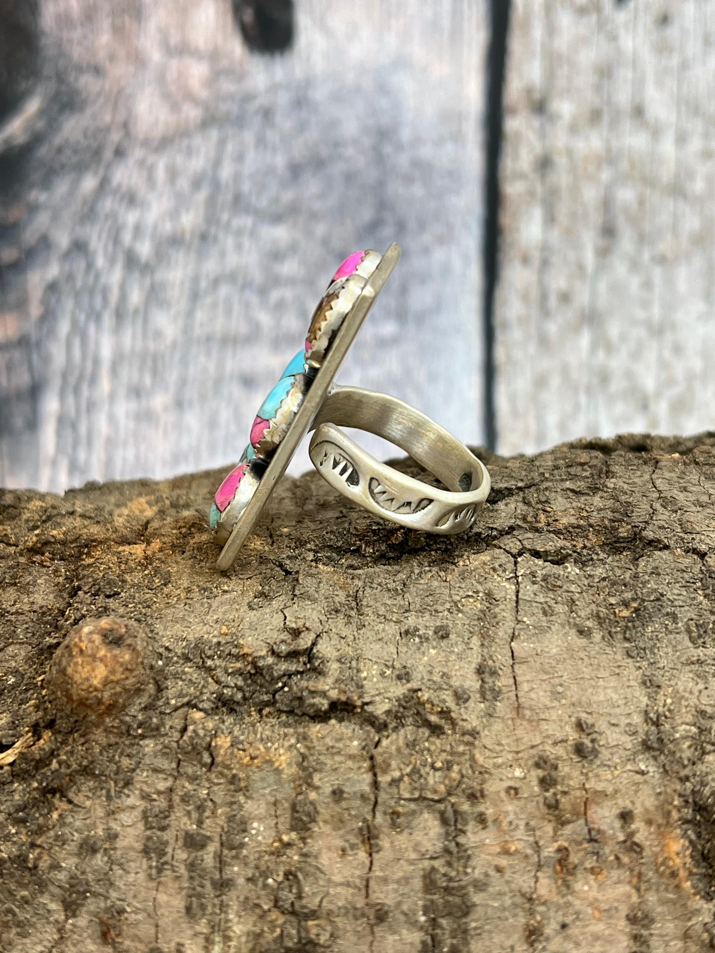 Handmade Sterling Silver Cotton Candy Turquoise Adjustable Ring with Signed Nizhoni