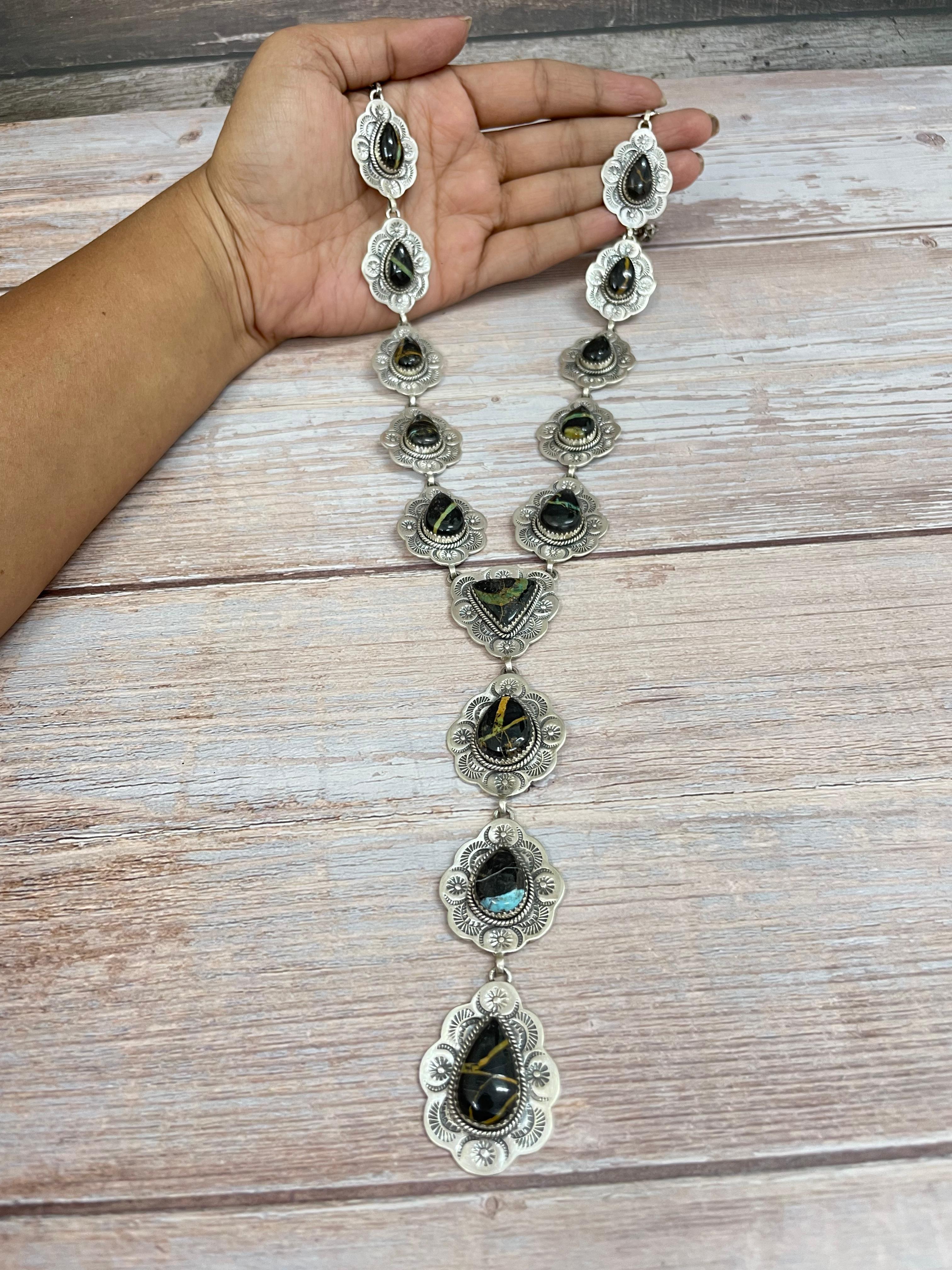 Handmade Sterling Silver Blackjack Turquoise Lariat Necklace with Signed Nizhoni