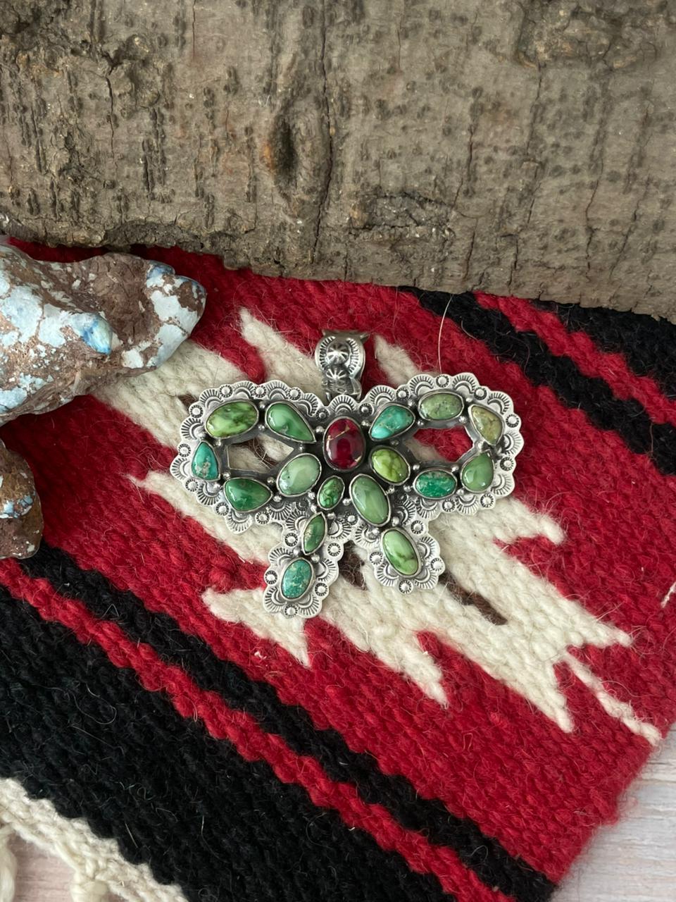 Handmade Sterling Silver Dahlia Rose with Emerald Valley Turquoise Pendant "Signed Nizhoni"