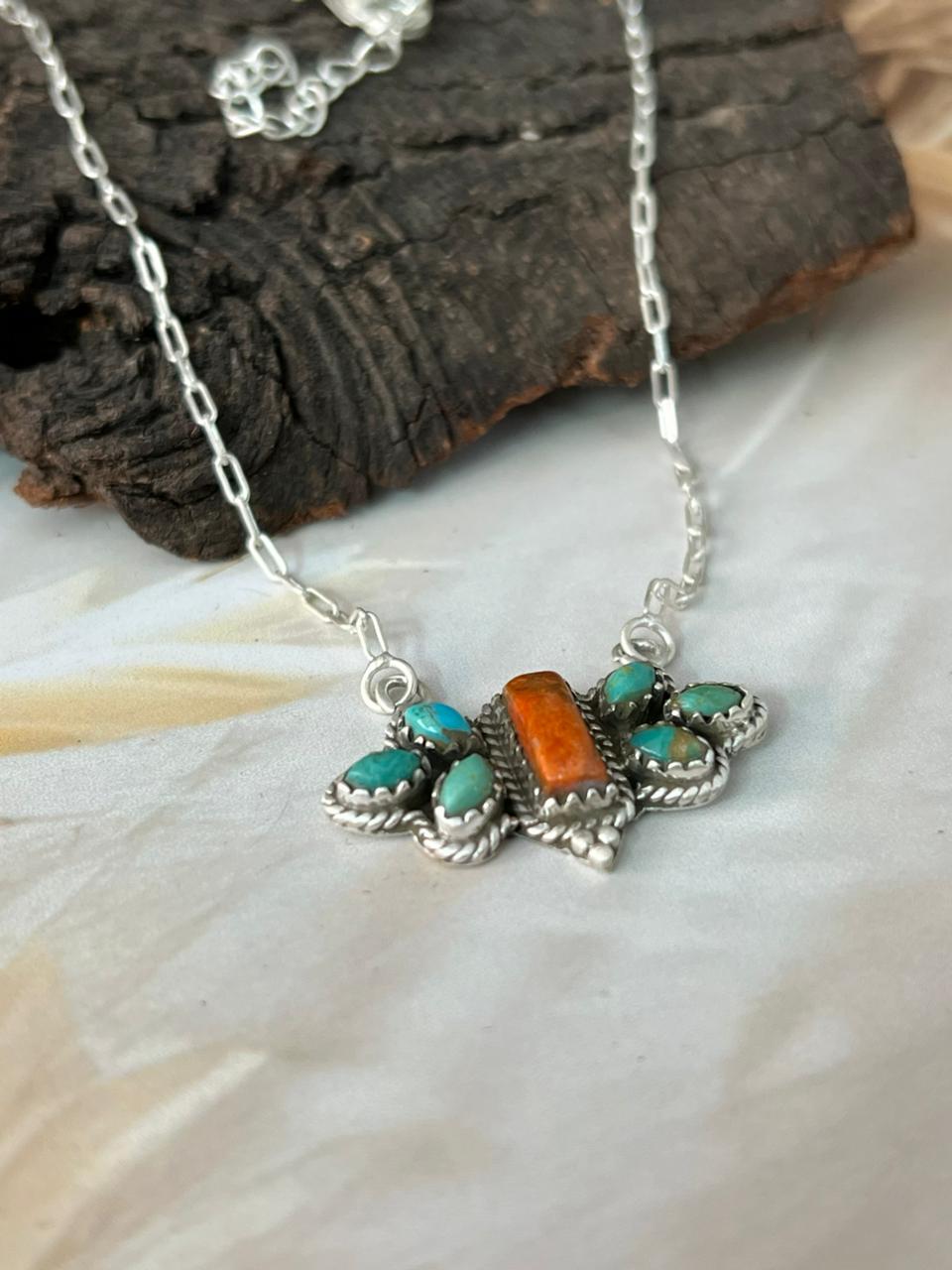 Handmade Sterling Silver Kingman with Orange Mojave Necklace "Signed Nizhoni"