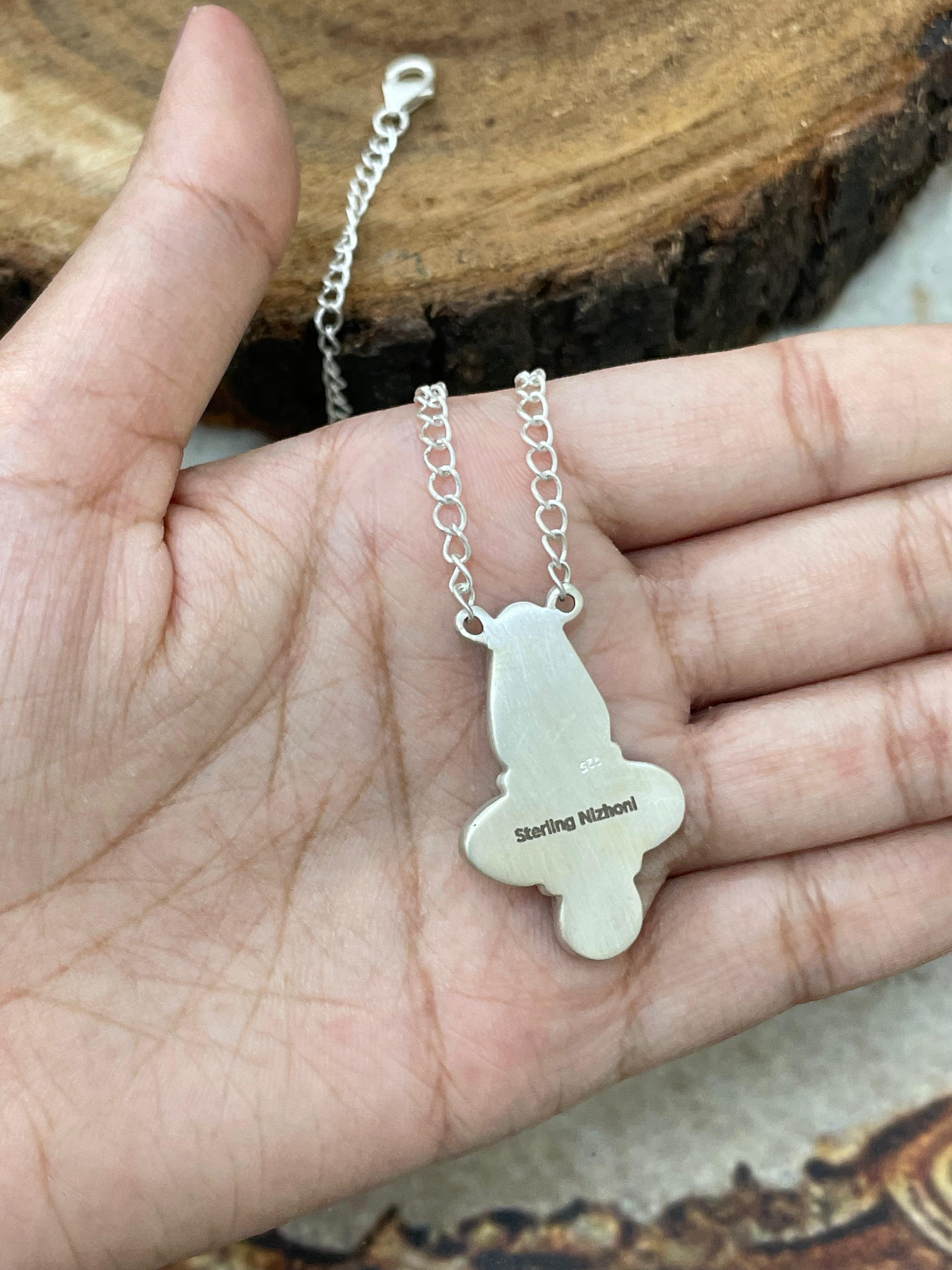 Handmade Sterling Silver Kingman Turquoise Necklace with Signed Nizhoni