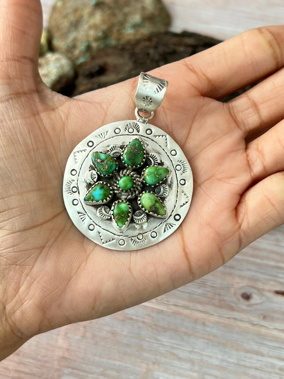 Handmade Sterling Silver Sonoran Mountain Turquoise Pendant with Signed Nizhoni