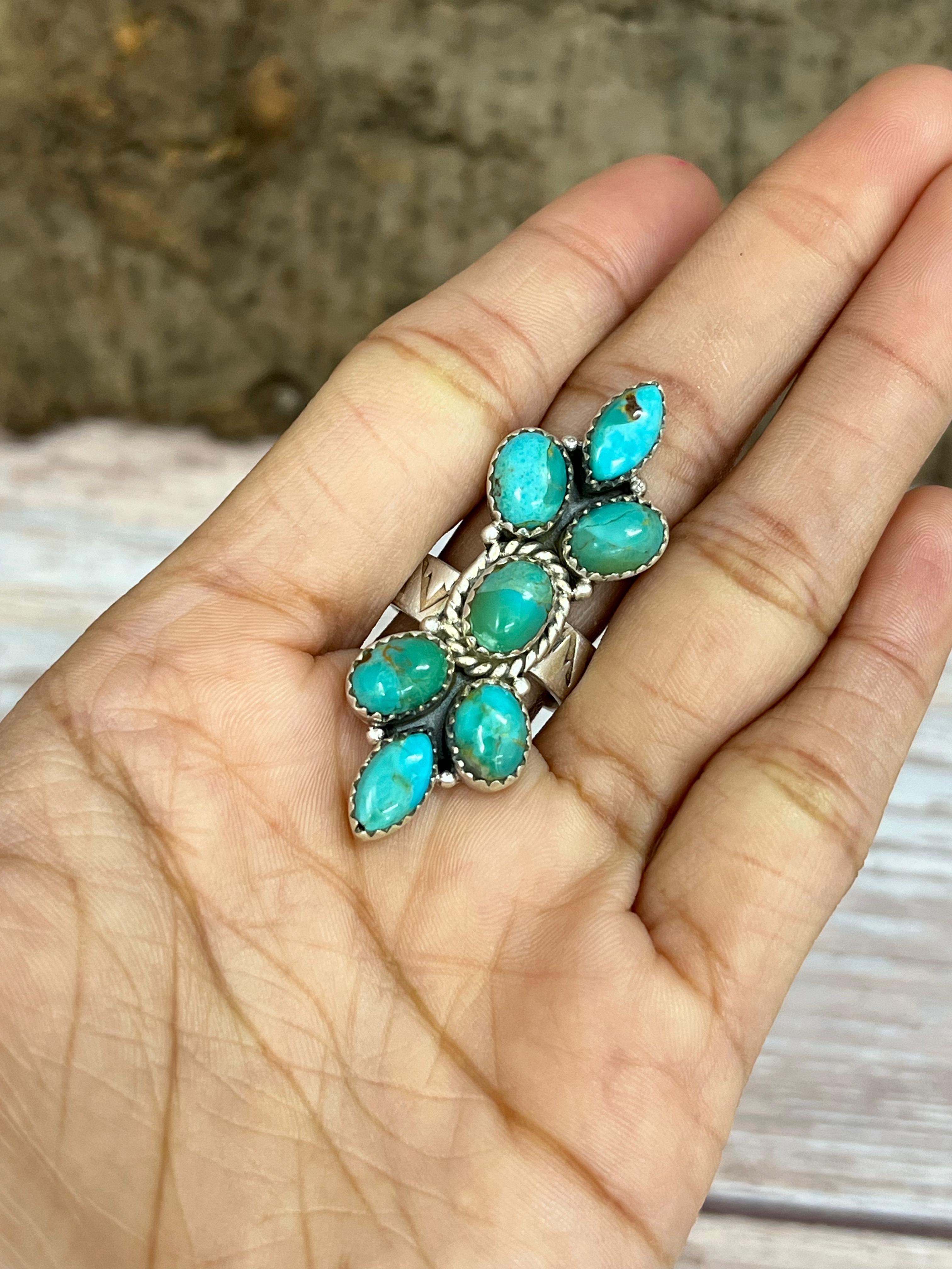 Handmade Sterling Silver Kingman Turquoise Adjustable Ring with Signed Nizhoni (5)