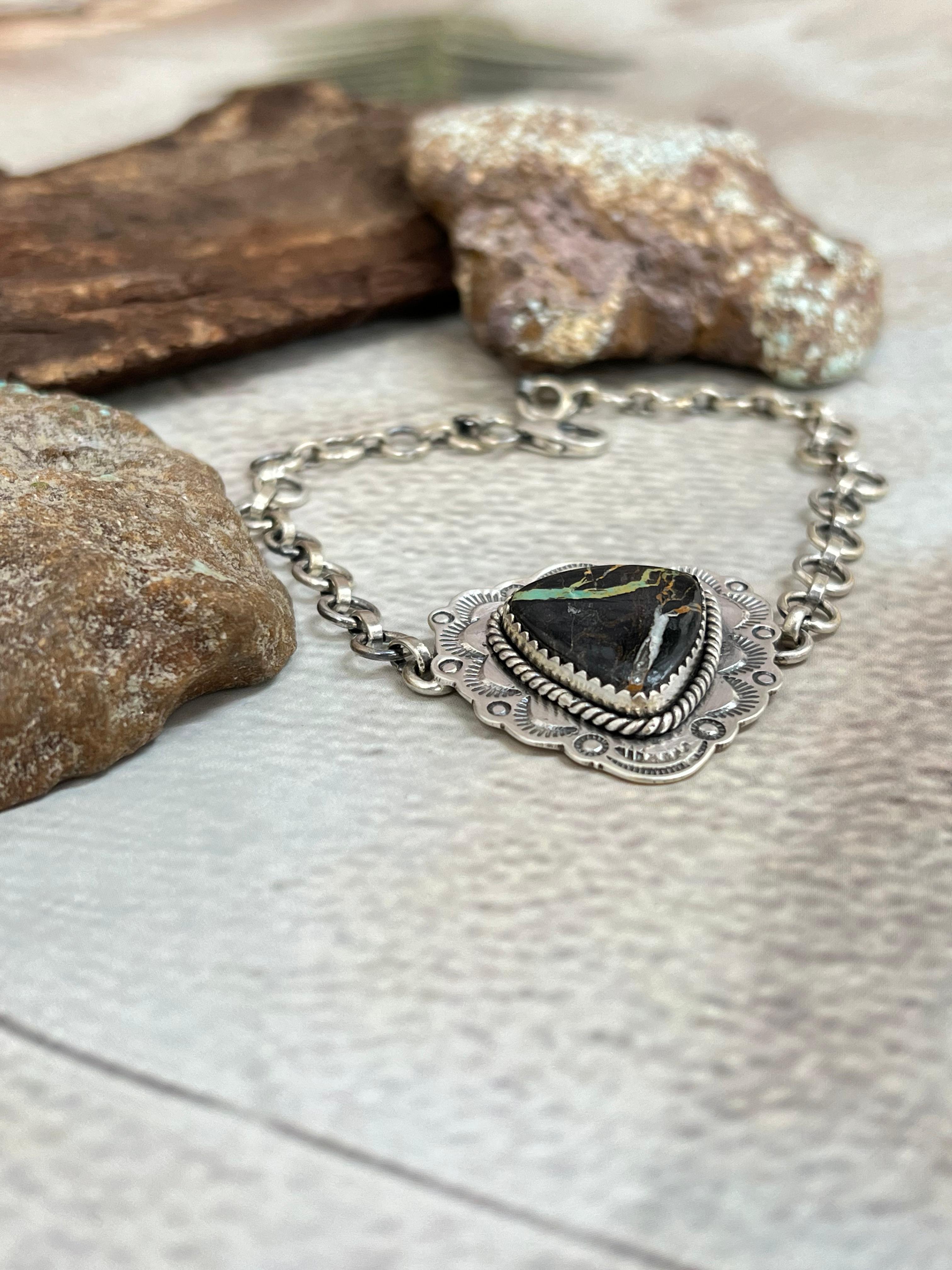 Handmade Sterling Silver Blackjack Turquoise Chain Bracelet Signed Nizhoni