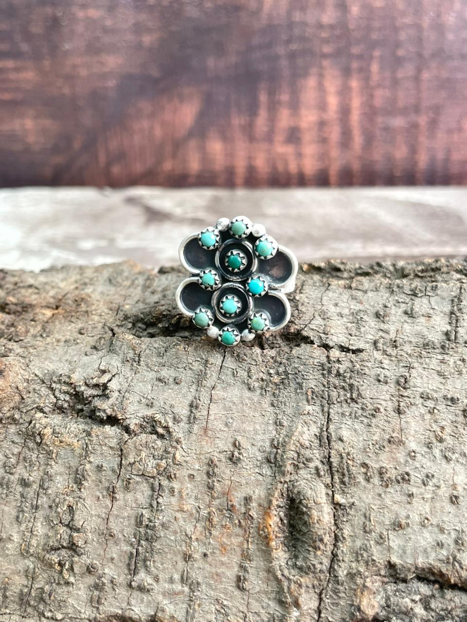 Handmade Sterling Silver Kingman Turquoise Adjustable Ring "Signed Nizhoni"