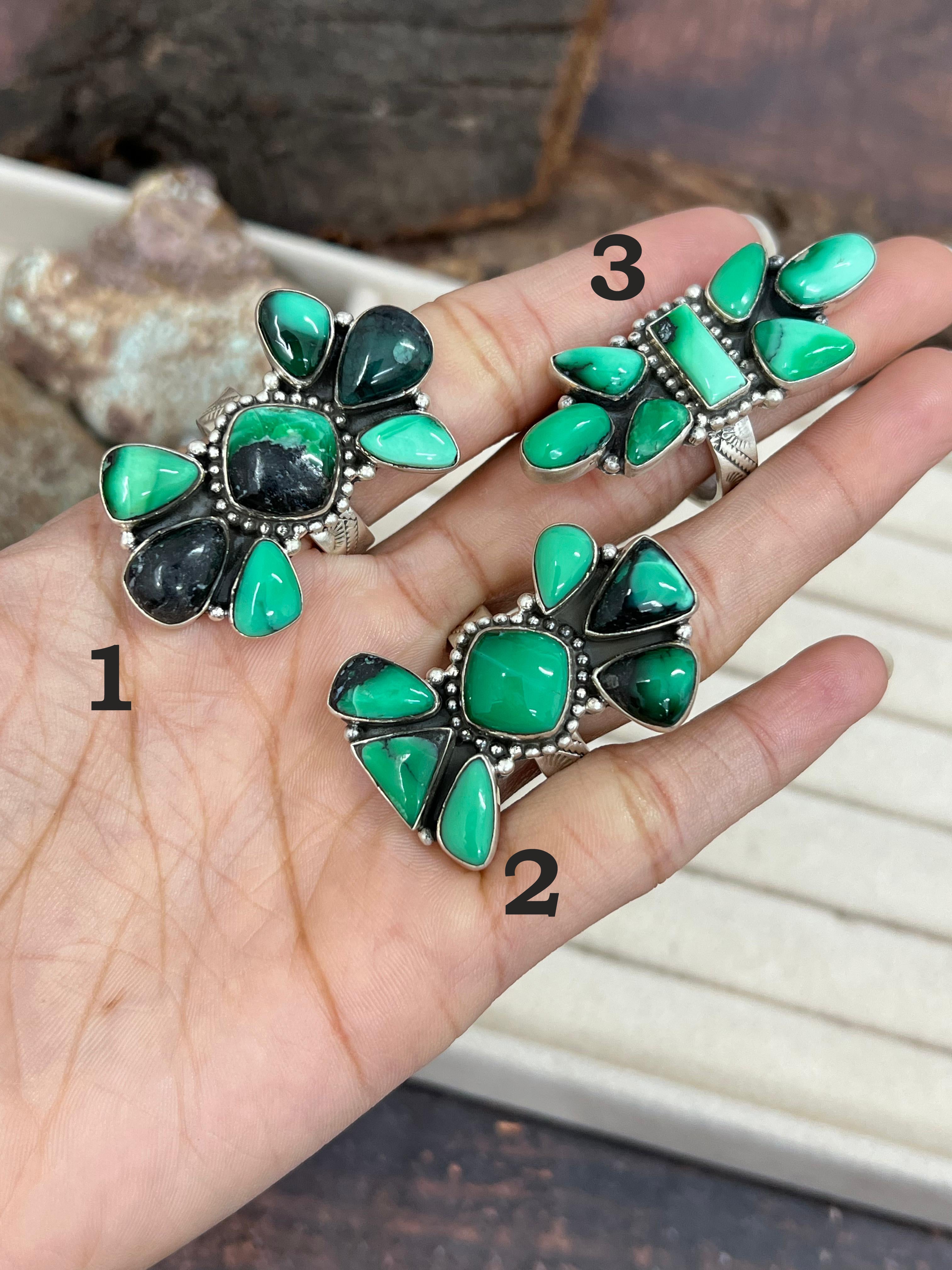 Handmade Sterling Silver Emerald Rose Variscite Adjustable Ring Signed Nizhoni