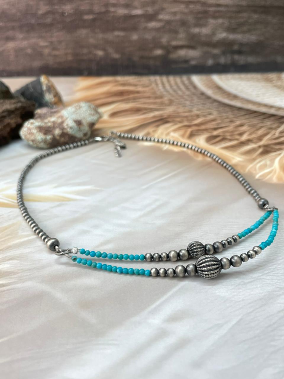 Handmade Sterling Silver Kingman Turquoise Beaded Necklace "Signed Nizhoni"