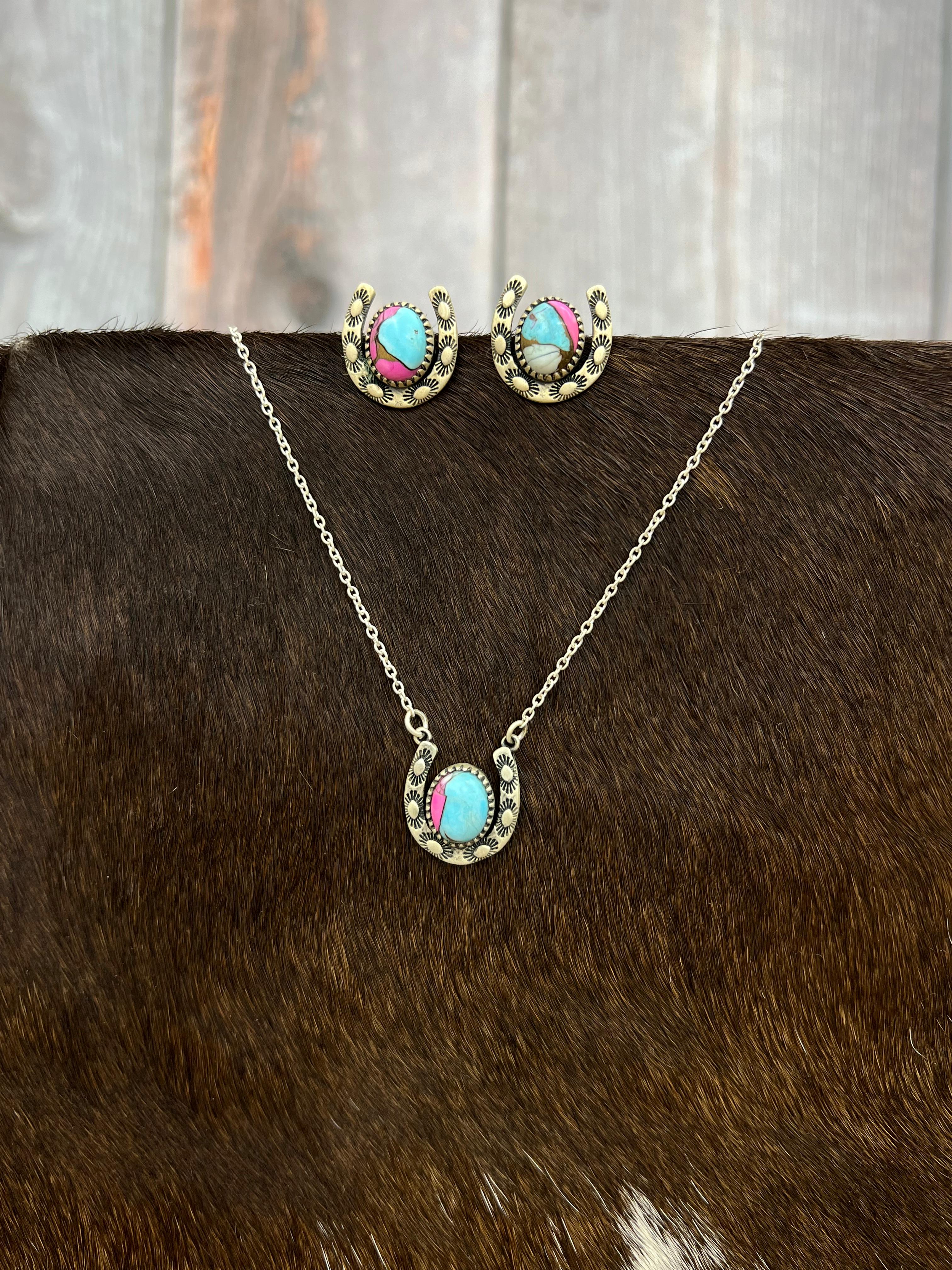 Handmade Sterling Silver Cotton Candy Turquoise Necklace Earrings Set, Signed Nizhoni