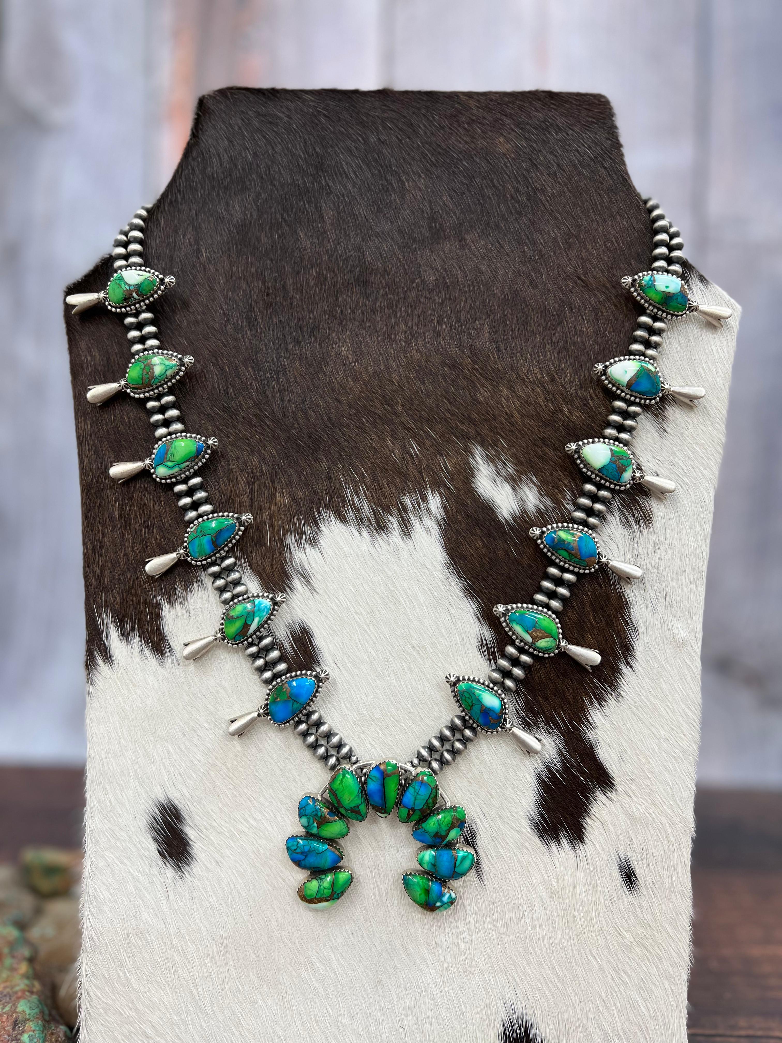 Handmade Sterling Silver Peacock Dahlia Beaded Necklace with Signed Nizhoni