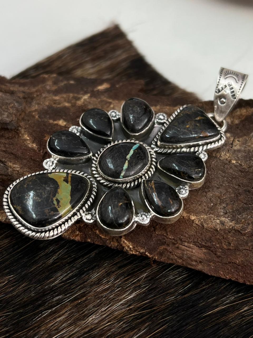 Handmade Sterling Silver Blackjack Turquoise Pendant "Signed Nizhoni"