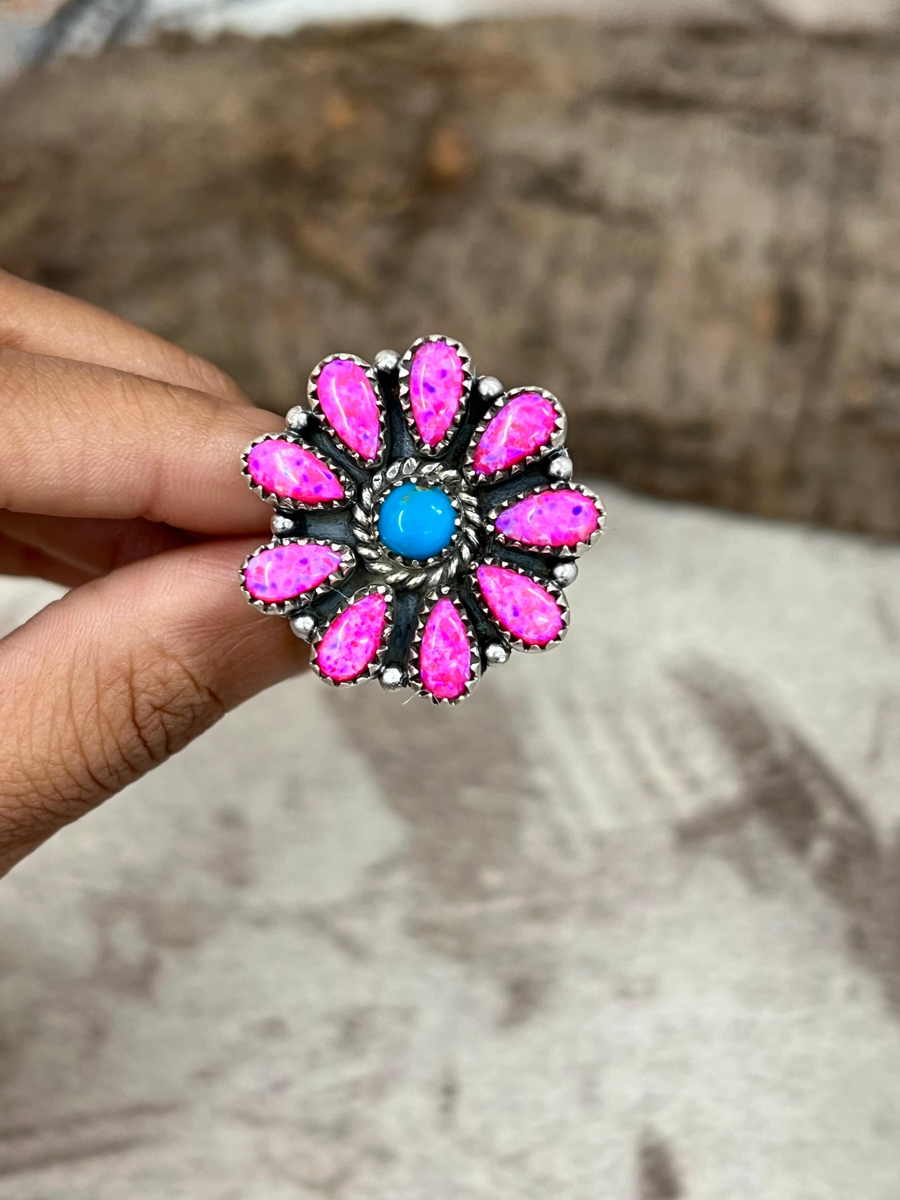 Handmade Sterling Silver Hot Pink with Kingman Turquoise Adjustable Cluster Flower Ring with Signed Nizhoni (6)