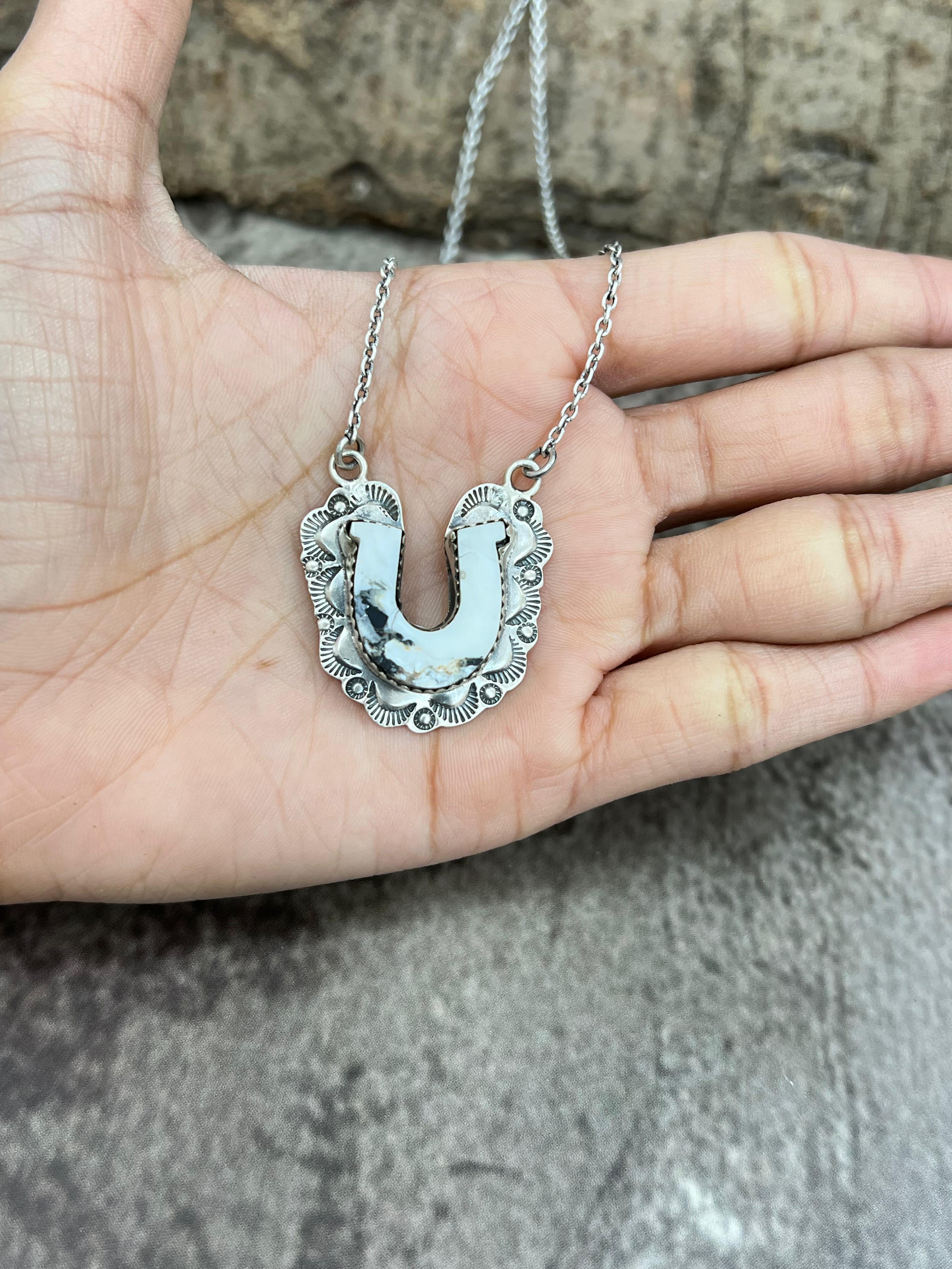 Handmade Sterling Silver White Buffalo Turquoise Necklace with Signed Nizhoni