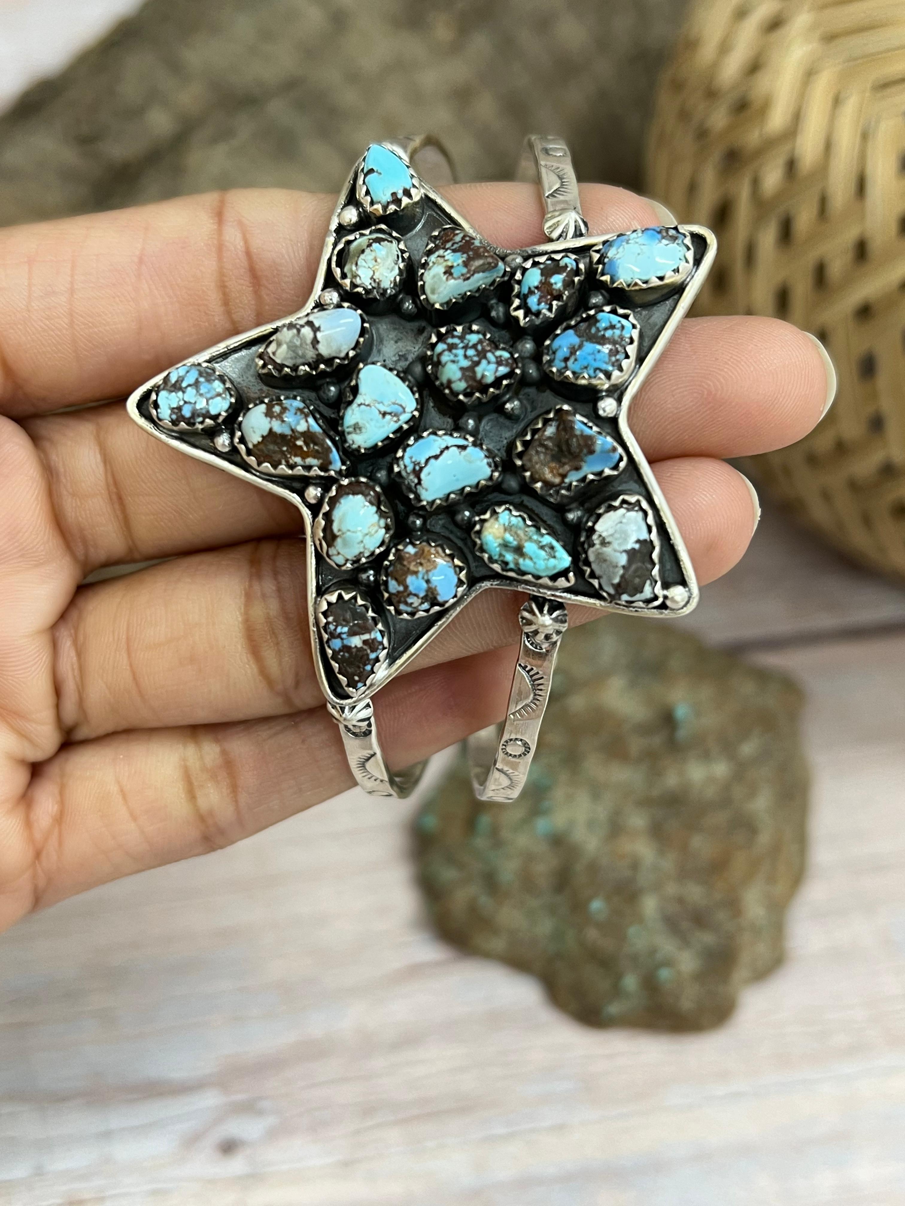 Handmade Sterling Silver Golden Hill, Sonoran Mountain Turquoise Star Bracelet with Signed Nizhoni /
