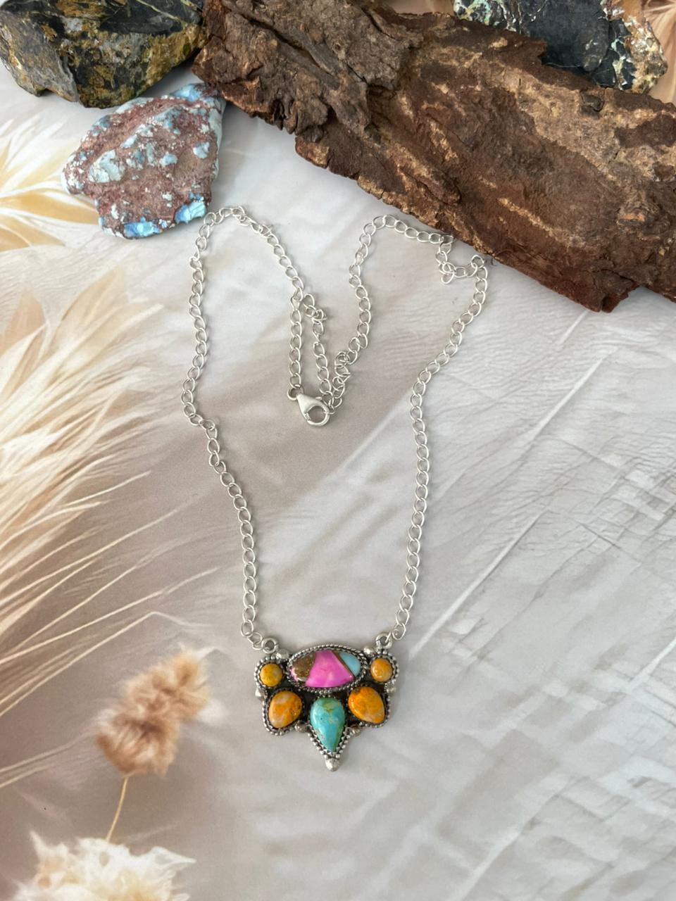 Handmade Sterling Silver Spring Collection: Bumblebee with Cotton Candy & Sonoran Mountain Turquoise Necklace "Signed Nizhoni"