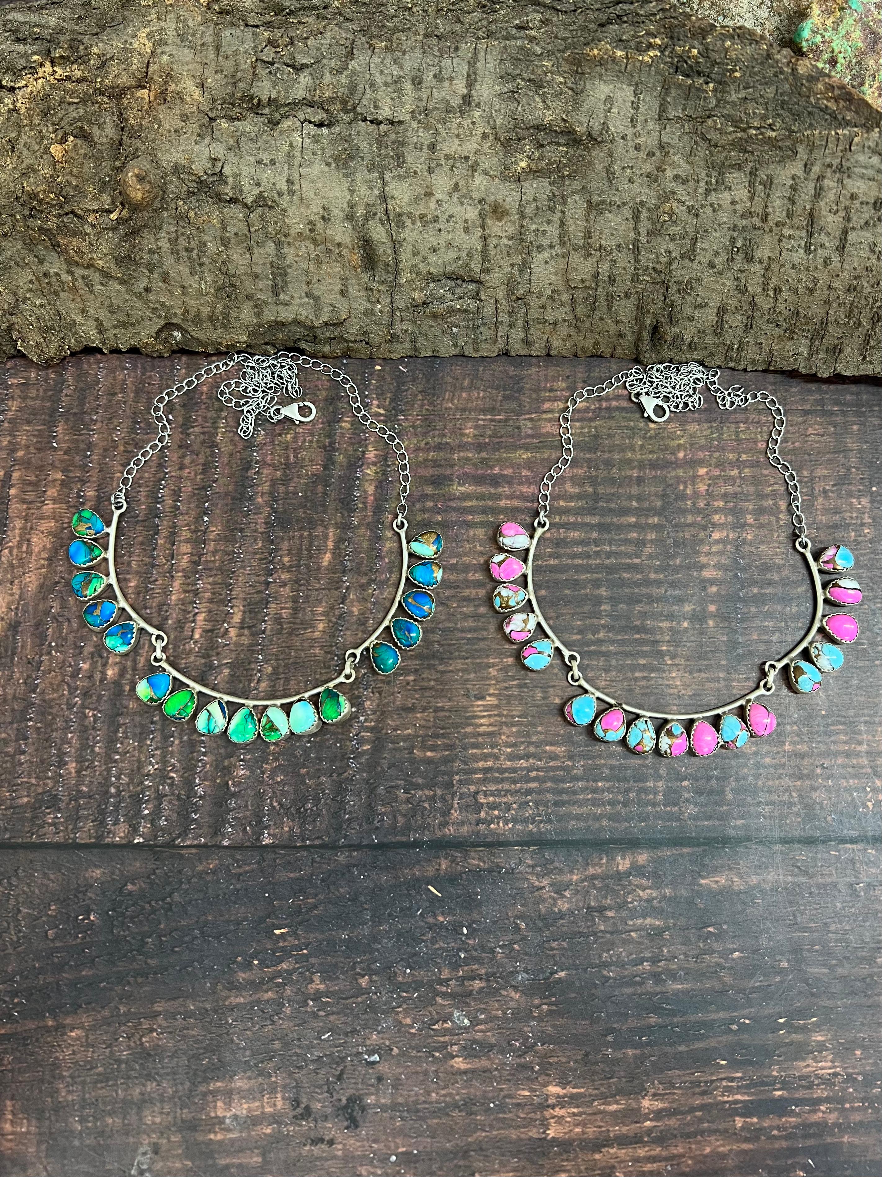 Handmade Sterling Silver Peacock Dahlia, Cotton Candy Turquoise Necklace with Signed Nizhoni