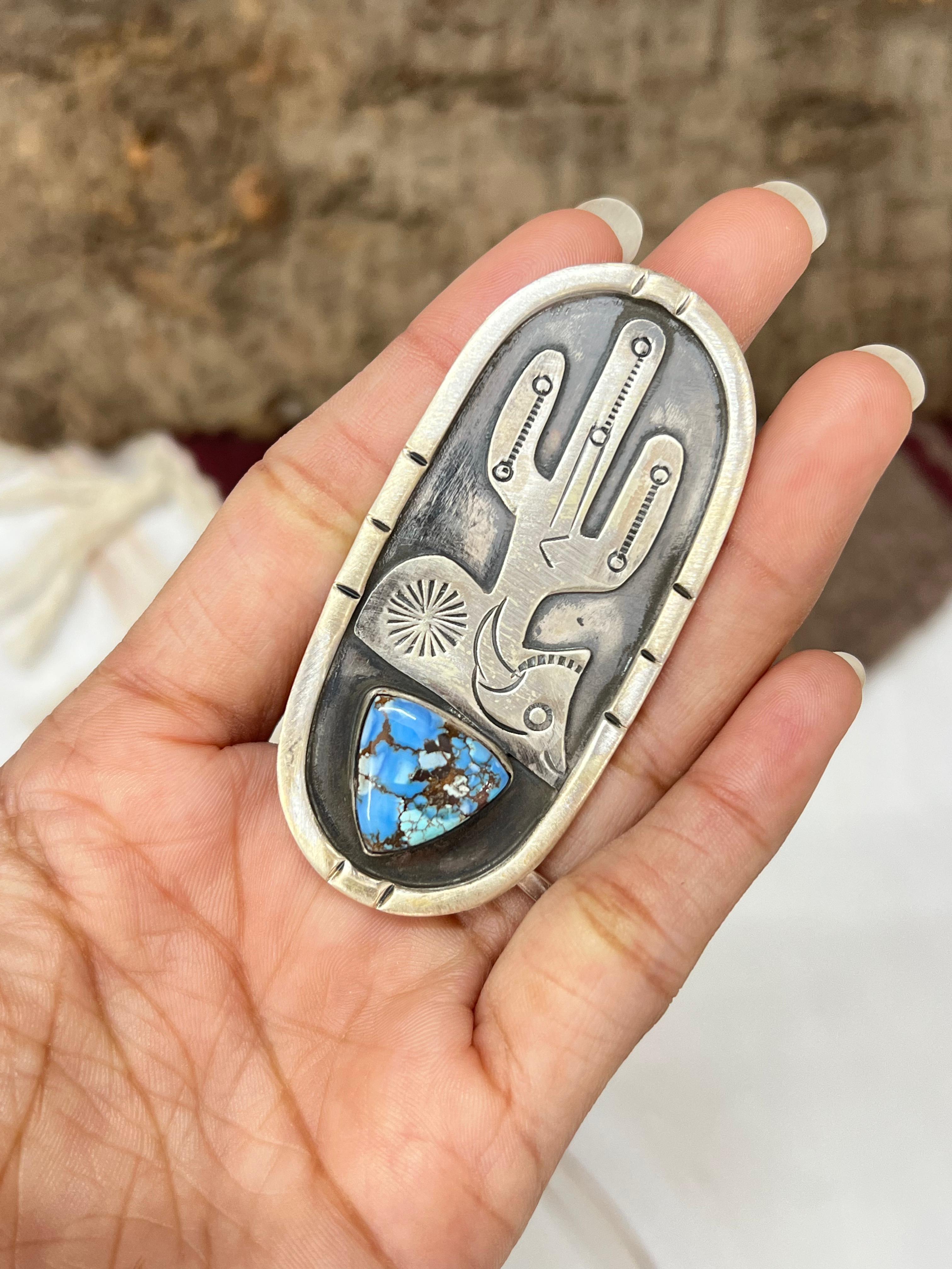 Handmade Sterling Silver with Golden Hills Turquoise Adjustable Ring with Signed Nizhoni