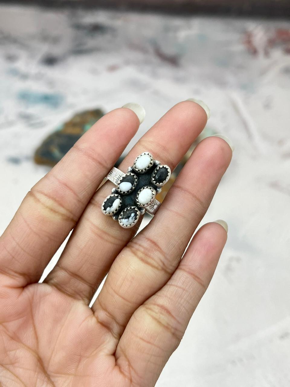 Handmade Sterling Silver White Buffalo Turquoise Adjustable Ring "Signed Nizhoni"