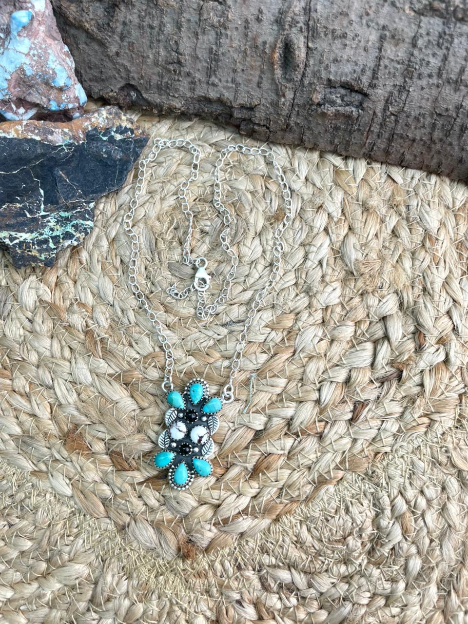 Handmade Sterling Silver Kingman with Wildhorse, Black Onyx Necklace "Signed Nizhoni"