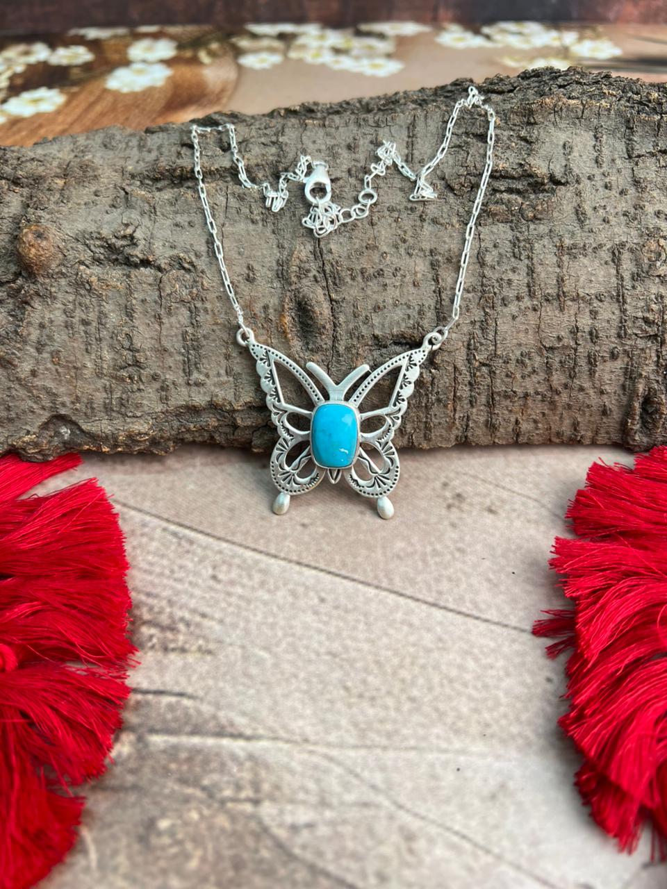 Handmade Sterling Silver Kingman Turquoise Butterfly Necklace "Signed Nizhoni"