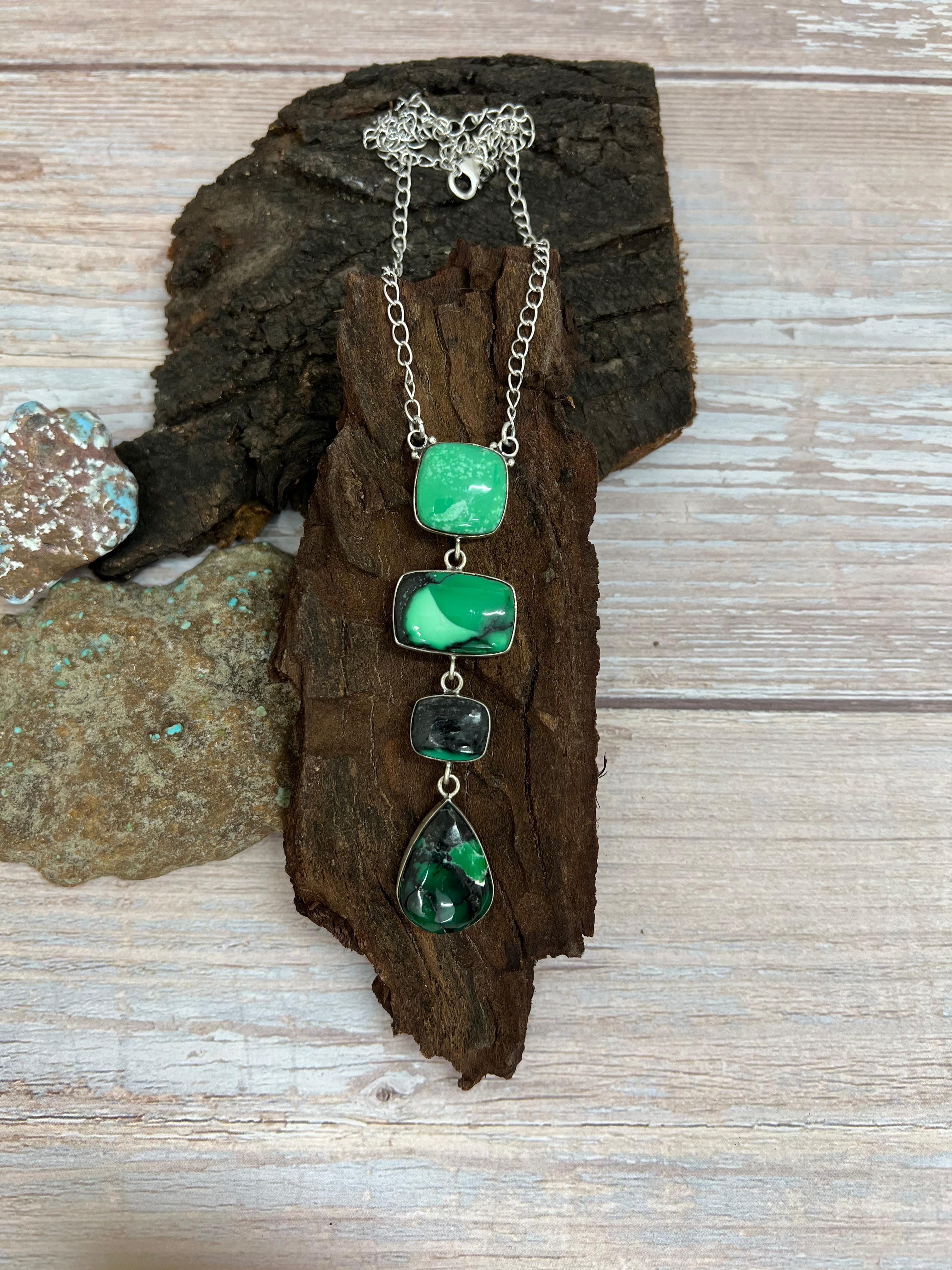 Handmade Sterling Silver Emerald Rose Necklace with Signed Nizhoni