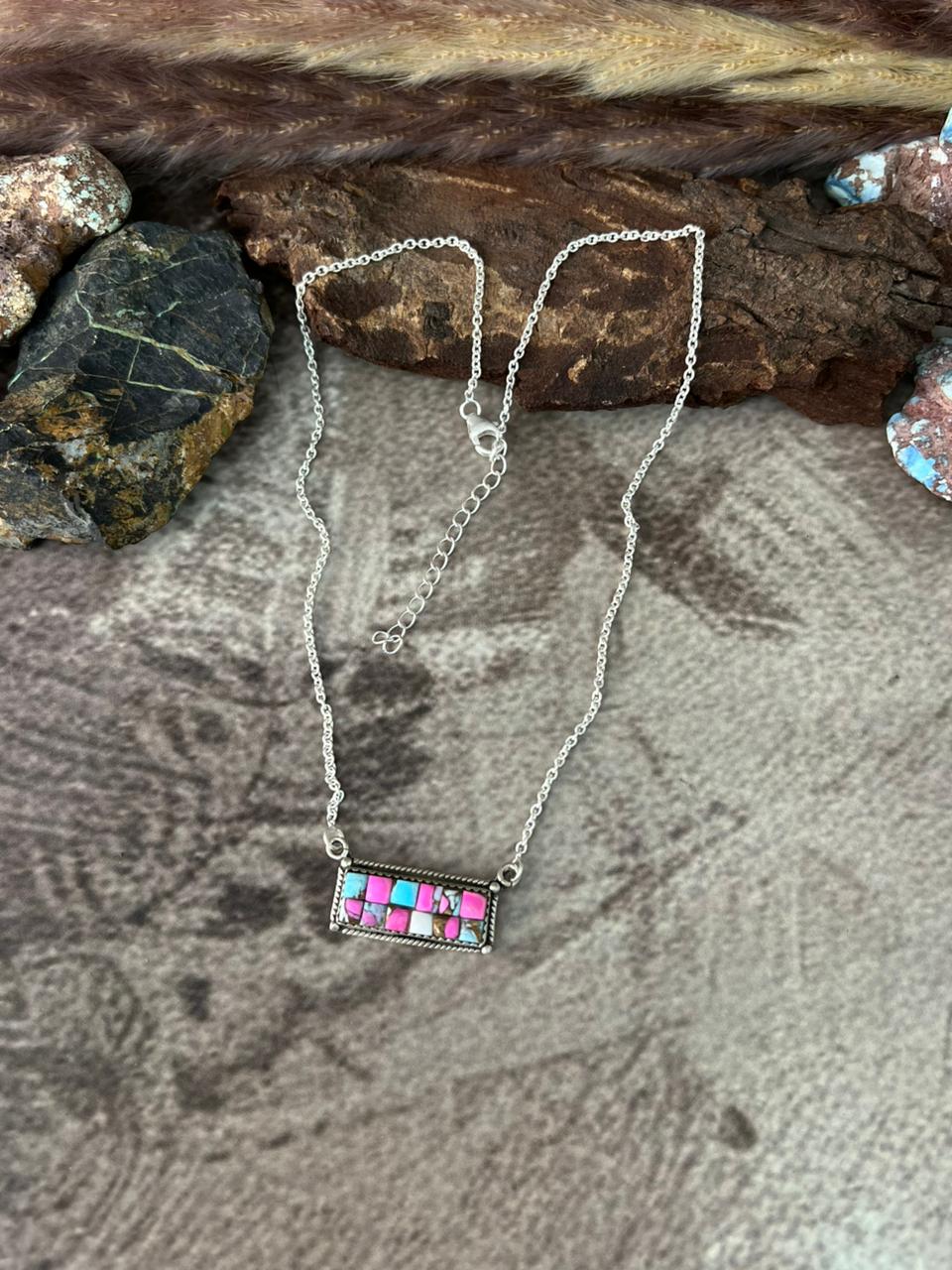 Handmade Sterling Silver Cotton Candy Cobble Stone Bar Necklace "Signed Nizhoni"