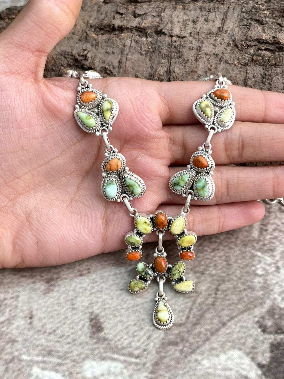 Handmade Sterling Silver Apple Coral and Palomino Necklace "Signed Nizhoni"