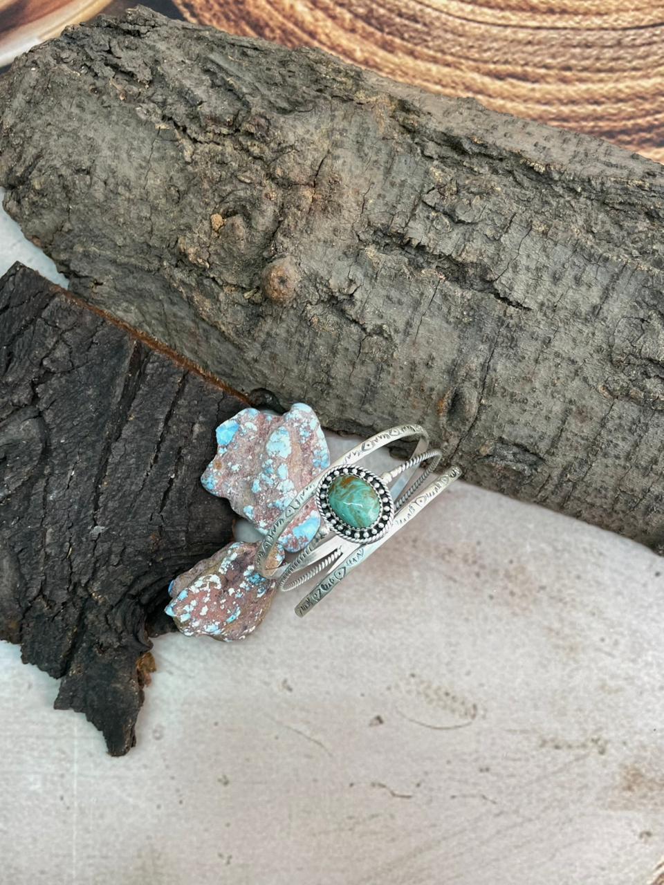 Handmade Sterling Silver Mantis Turquoise Cuff Bracelet with Signed Nizhoni