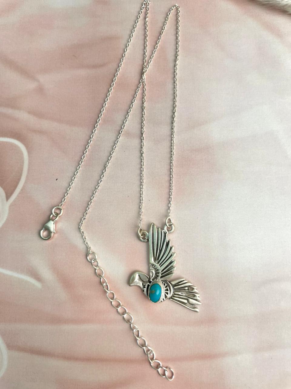 Handmade Sterling Silver Kingman Turquoise Thunder Bird Necklace "Signed Nizhoni"