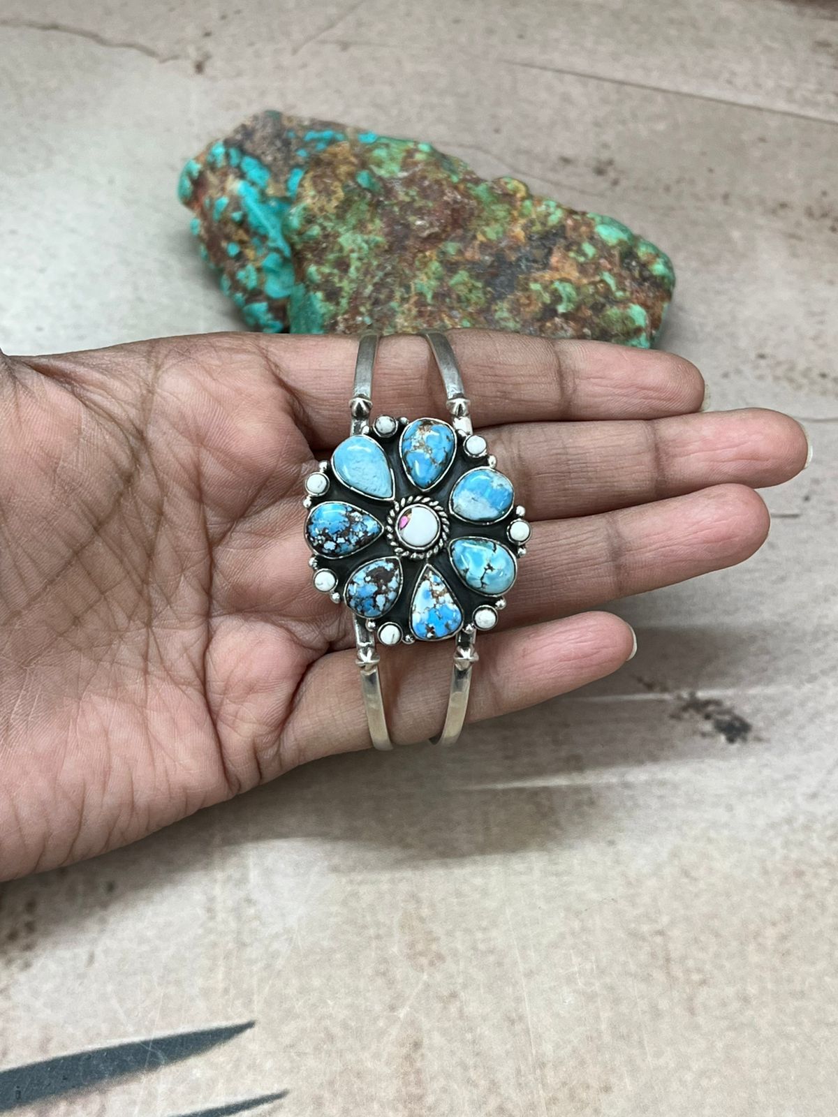 Handmade Sterling Silver Golden Hills with White Collection Bracelet "Signed Nizhoni"