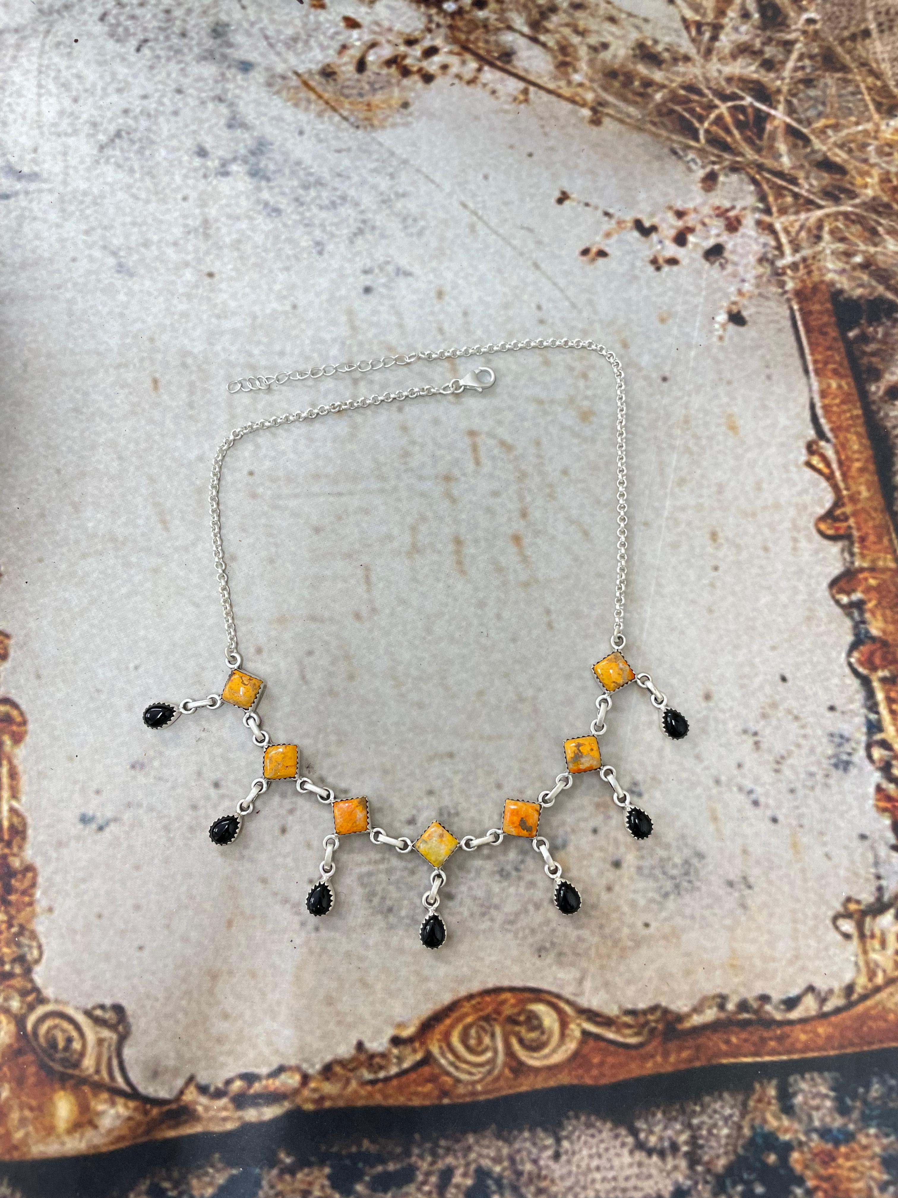 "Halloween Collection" Handmade Sterling Silver Black Onyx, Bumblebee Necklace with Signed Nizhoni