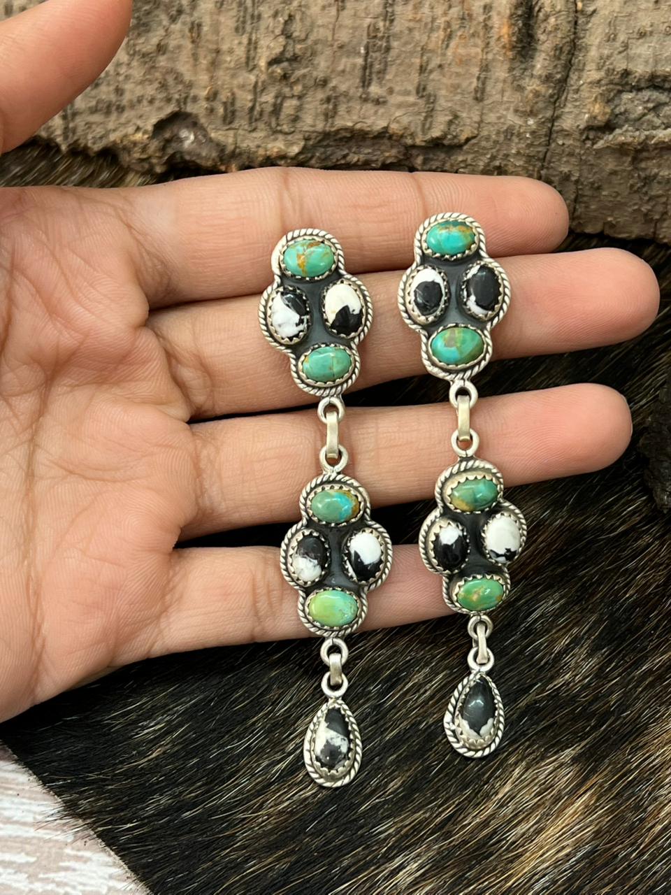 Handmade Sterling Silver Kingman Turquoise with White Buffalo Post Dangle Earrings "Signed Nizhoni"