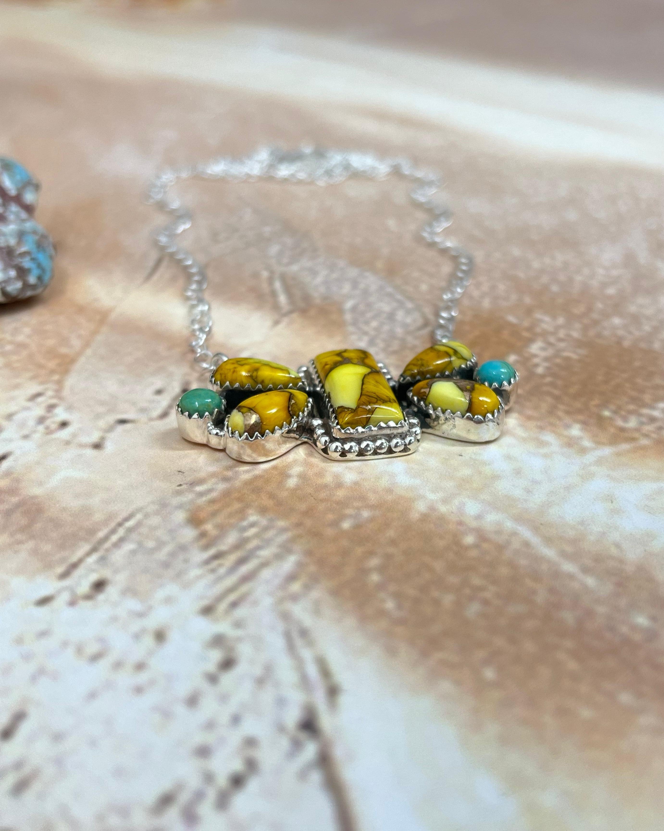 Handmade Sterling Silver Honey Dahlia with Kingman Turquoise Necklace, Signed Nizhoni