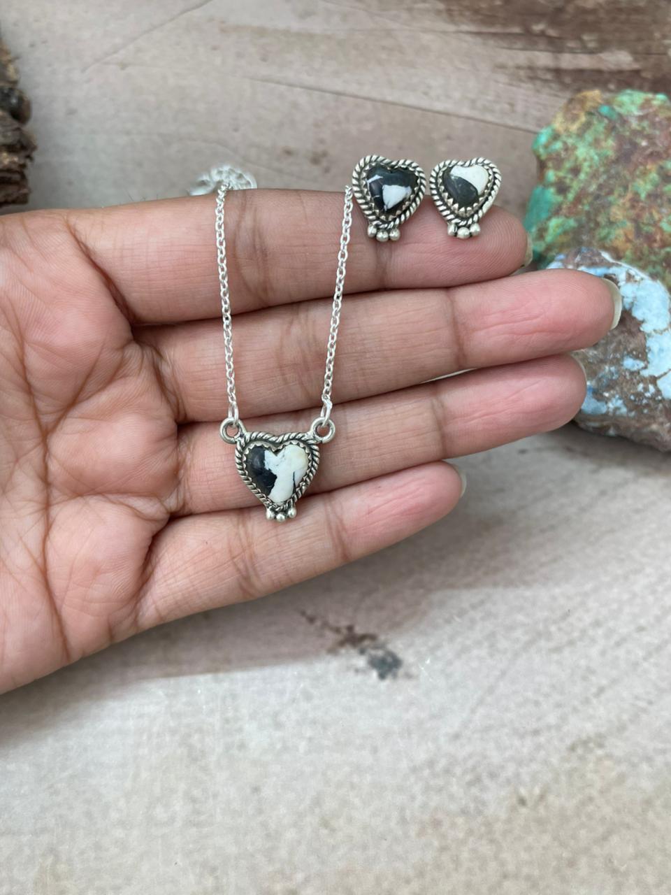 Handmade Sterling Silver White Buffalo Necklace Earrings Set "Signed Nizhoni"