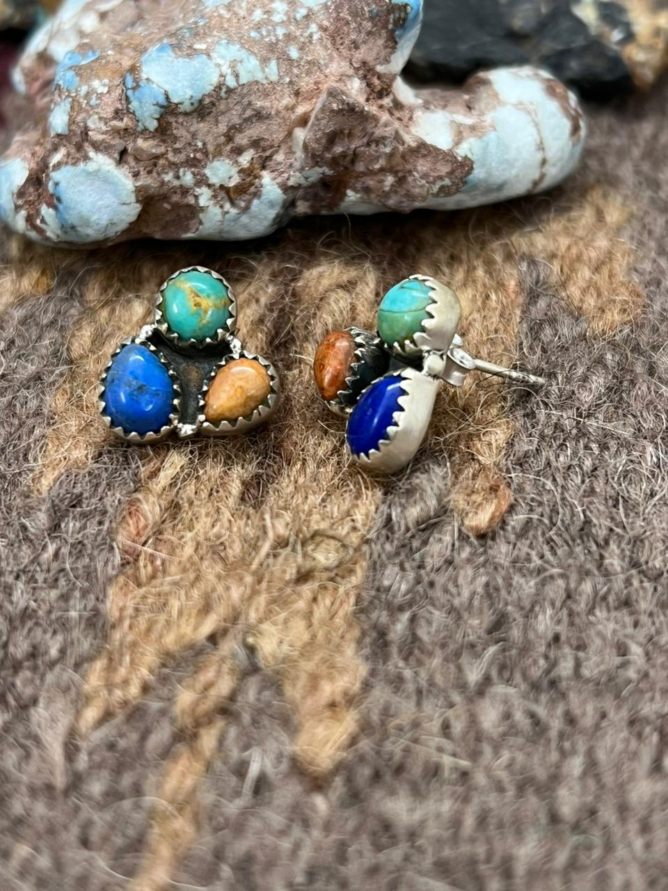 Handmade Sterling Silver Lapis with Kingman Turquosie and Orange Mojave Post Studs Earrings "Signed Nizhoni"