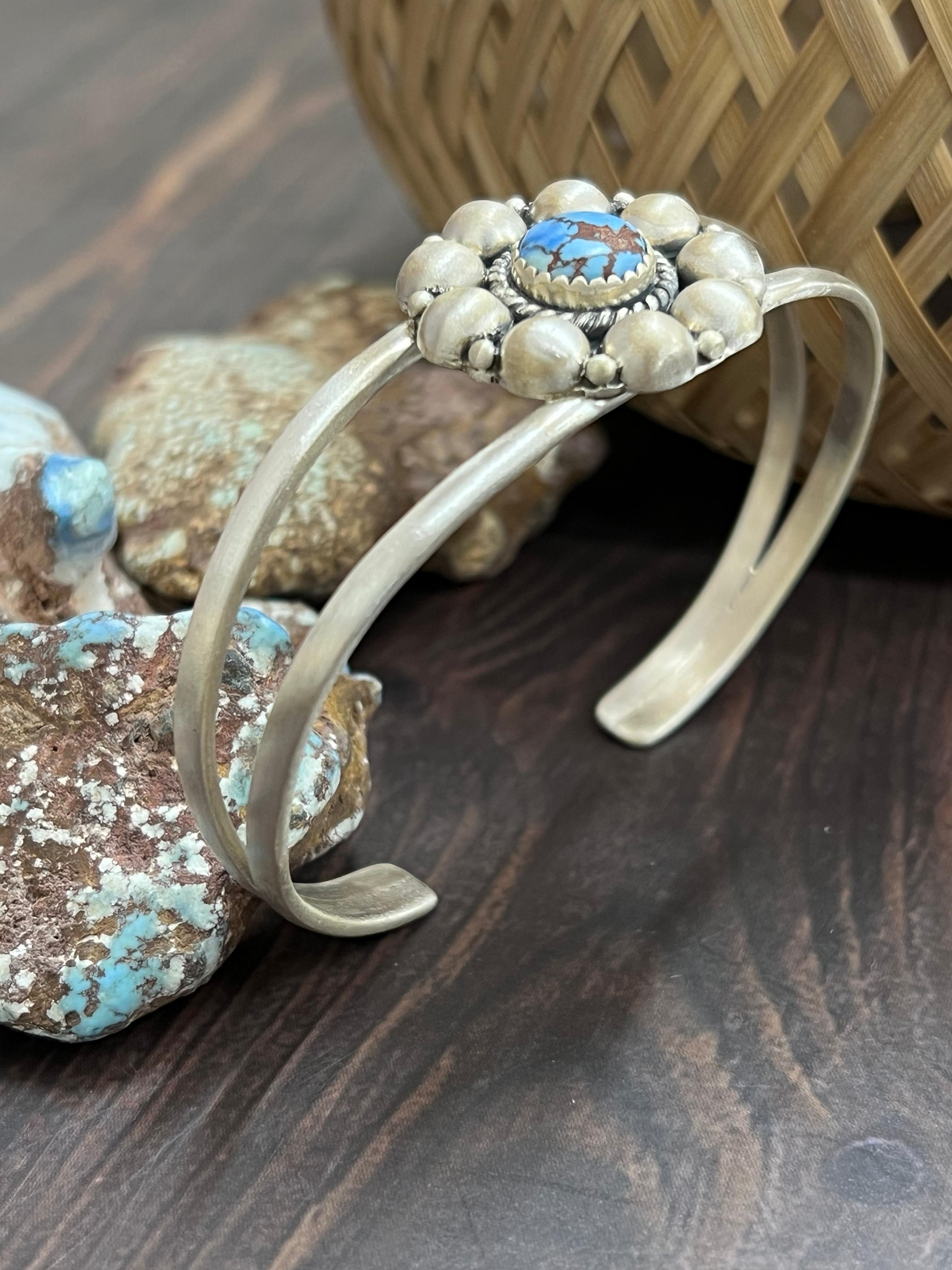 Handmade Sterling Silver Golden Hills Turquoise Cuff Bracelet with Signed Nizhoni